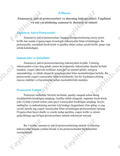 zamonaviy jadval protsessorlari va ularning imkoniyatlari — DOCX