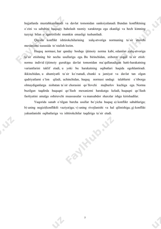 q normasi undagi talablarni e`tiborga olmaydiganlarga nisbatan ta`sir chorasini qo`llovchi majburlov kuchiga ega. norma buzilgan taqdirda huquqni qo`llash mexanizmi harakatga keladi, huquqni qo`llash faoliyatini amalga oshiruvchi muassasalar va mansabdor shaxslar ishga kirishadilar. yuqorida sanab o`tilgan barcha usullar bo`yicha huquq: a) konflikt sabablariga; b) uning negizi(konfliktli vaziyat)ga; v) uning rivojlanishi va hal qilinishiga; g) konflikt yakunlanishi oqibatlariga va ishtirokchilar taqdiriga ta`sir etadi. tavsiya etilgan adabiyotlar ro`yxati: 1. karimov i. a. o`zbekiston: milliy istiqlol, iqtisod, siyosat, mafkura. t. 1. – t.: o`zbekiston, 1996. – 364 b. 2. karimov i. a. bizdan ozod va obod vatan qolsin. t. 2. – t.: o`zbekiston, 1996. – 380 b. 3. karimov i. a. vatan sajdagoh kabi muqaddasdir. t. 3. – t.: o`zbekiston, 1996. – 366 b. 4. karimov i. a. bunyodkorlik yo`lidan. t. 4. – t.: o`zbekiston, 1996. – 394 b. 5. karimov i. a. yangicha fikrlash va ishlash – davr talabi. t. 5. – t.: …