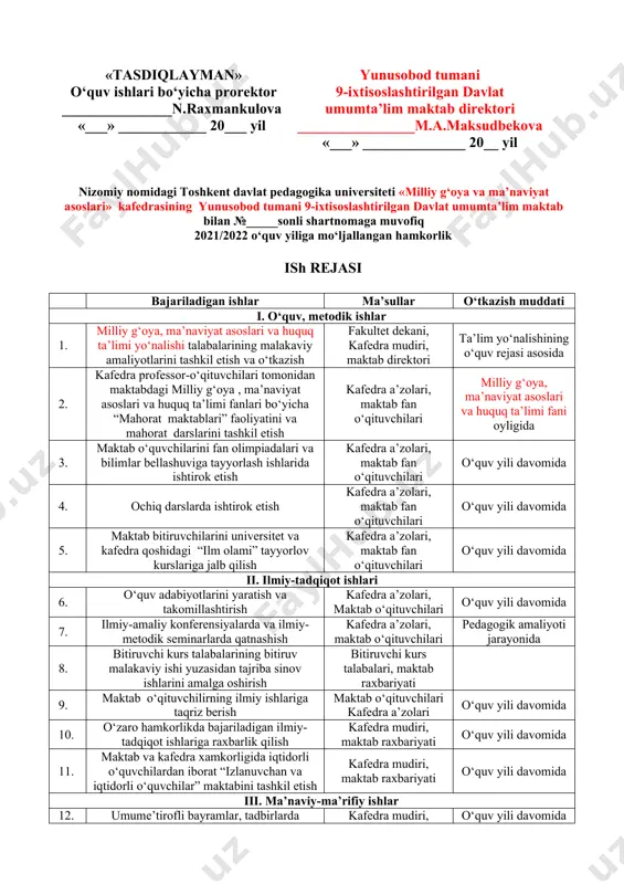 rlash va ilmiy-tadqiqot ishlarini olib borish sohasida va ish tajribasi bo‘yicha axborotlar almashish; 2.2.1.2. ilmiy tadqiqot ishlari bo‘yicha maktab o‘qituvchilariga ilmiy-metodik mavzularni tanlashlarida yordam berish; 2.2.2.3. o‘zaro manfaatli mavzular bo‘yicha ma’ruzalar o‘qish, birgalikda ilmiy-amaliy, ilmiy-metodik seminarlar o‘tkazish; 2.2.2.4. hamkorlikda bajariladigan ilmiy-tadqiqot ishlariga rahbarlik qilish; 2.2.2.5. maktabda ta’lim olayotgan iqtidorli o‘quvchilar uchun ilmiy to‘garaklar faoliyatini yo‘lga qo‘yishda (o‘quv fani bo‘yicha) yordam berish. 2.2.2. yunusobod tumani 9-ixtisoslashtirilgan davlat umumta’lim maktab ma’muriyati majburiyatlari: 2.2.2.1. izlanuvchilarning ilmiy-tadqiqot ishlarini olib borishlariga sharoit yaratish; 2.2.2.2. maktab o‘qituvchilarini ilmiy-tadqiqot ishlariga jalb etish; 2.2.2.3. ilmiy-nazariy, ilmiy-metodik seminarlar o‘tkazish uchun zarur sharoitlarni yaratish; 2.2.2.4. hamkorlikdagi ilmiy to‘plamlar va ilmiy-nazariy, ilmiy-uslubiy konferensiyalar materiallarini nashr ettirish. 2.3. ma’naviy-ma’rifiy ishlar bo‘yicha 2.3.1. «milliy g‘oya va ma’naviyat asoslari» kafedrasi majburiyatlari 2.3.1.1. maktab jamoasining umumbashariy va milliy qadriyatlarni e’zozlashga qaratilgan tadbirlarni o‘tkazishida ishtirok etish; 2.3.1.2. milliy g‘oyaning asosiy tushuncha va tamoyillarini hamda ayni vaqtdagi mamlakatimiz ichki hamda tashqi siyosatining mohiyatini jamoada keng targ‘ib qilish; …