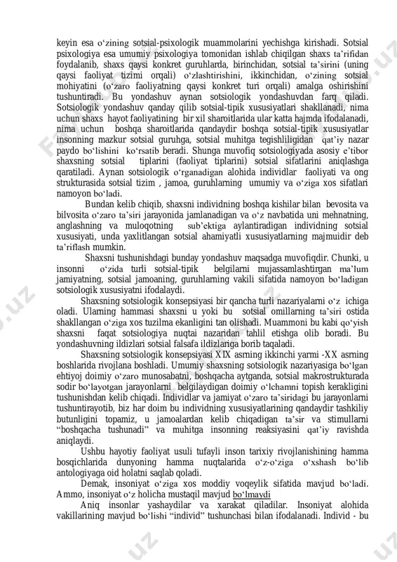 rga muhtoj bo„ladi, u bir o„zi bunday narsalarni qo„lga kirita olmaydi, ularga ega bo„lish uchun insonlar jamoasiga ehtiyoj tug„iladi.... shu sababli yashash uchun zarur bo„lgan, kishilarni bir-birlariga yetkazib beruvchi va o„zaro yordamlashuvi orqaligina odam o„z tabiati bo„yicha intilgan yetuklikka erishuvi mumkin. bunday jamoa a‟zolarning faoliyati bir butun holda ularning har biriga yashash va yetuklikka erishuv uchun zarur bo„lgan narsalarni yetkazib beradi. shuning uchun inson shaxslari ko„paydilar va yerning aholi yashaydigan qismiga o„rnashdilar, natijada inson jamoasi vujudga keldi». shu bilan birga inson fikrlovchi mavjudotdir. u ko„rgan va eshitganlarini yodda saqlaydi, o„z xayoloti, tasavvurlash qobiliyati vositasida bilimlarni, ma‟lumot va axborotlarni tahlil qiladi, umumlashtiradi, ularni transformatsiyalaydi, boshqalarga uzatadi, bilim va tajribalarni takomillashtiradi, o„z maqsadlari, orzulari va istaklarini tasavvurlay oladi. insondagi bu xususiyatlarni ibn sino shunday talqin etadi: «inson umumiy qarashlarga nuqtai nazar bildirish va alohida narsalar to„g„risida fikrlash qobiliyatlariga egadir: u foydali yoki zararli ishni qilish va qilmaslik, go„zallik va xunuklikni farqlash, yaxshi …