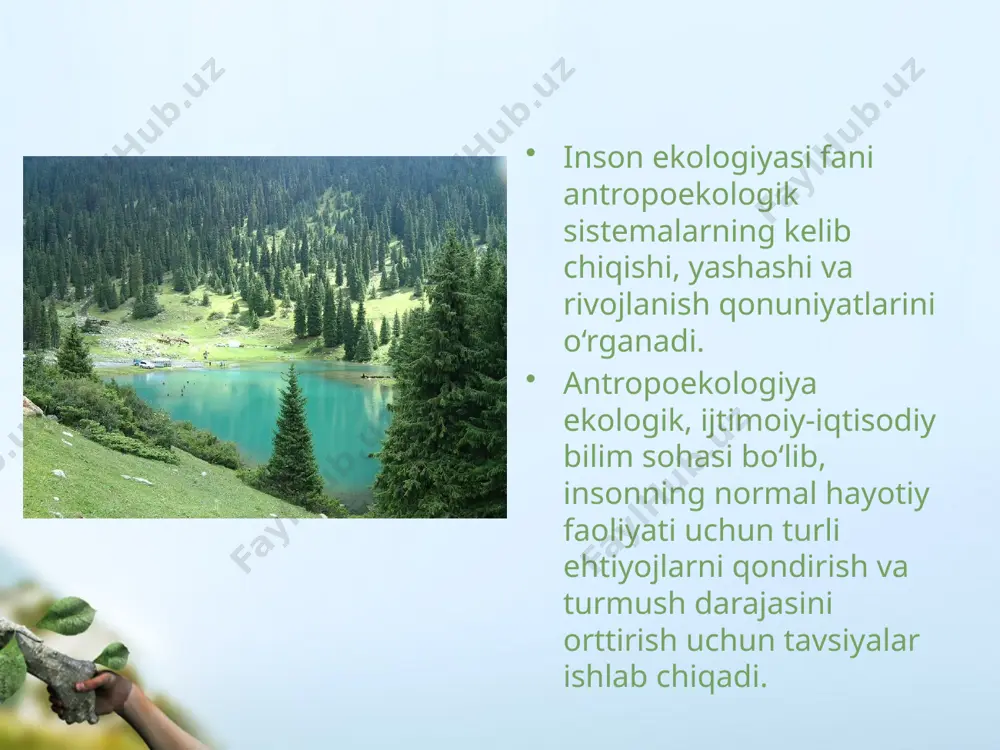 terli xususiyatlari quyidagilar: issiqlik ajratilishi yuqori, ter bezlari yaxshi rivojlangan, suvni ko‘p iste’mol qiladi. antropogen ekosistemalar, ularning inson salomatligiga ta’siri. eng muhim hozirgi zamon antropogen ekosistemalariga shaharlar, qishloqlar, transport kommunikatsiyalari kiradi. insonning hayot muhiti, ya’ni inson yashayotgan sharoit boshqa tirik organizmlar muhitiga qaraganda ancha kengroqdir. kishilar tomonidan yaratilgan moddiy muhitga quyidagilar kiradi: kishilar tomonidan o‘zgartirilgan tabiat: cho‘llarni o‘zlashtirish, o‘rmonlar tashkil qilish, daryolar yordamida suv omborlari qurish va boshqalar. sun’iy elementlar: binolar, inshootlar qurish, shovqinlar, elektromagnit maydonlari, radioaktiv nurlar, zaharli moddalar ishlab chiqarishda ishlatiladigan har xil materiallar, mahsulotlar. shahar aholisining zichligi yuqumli kasalliklarning keng tarqalishi uchun sharoit yaratadi. havoning ifloslanganligi natijasida yer yuzasiga ultrabinafsha nurlar- ning ancha miqdori yetib kelmaydi. yorug‘likning yetarli bo‘lmasligi natijasida d vitamini yetishmasligi rivojlanadi. qishloq ekologik sistemalari o‘z xususiyatlari jihatidan shahar ekosistemasidan ancha farq qiladi. qishloqlarda hayvon va o‘simlik turlarining xilmaxilligi kuzatiladi. hayvonlar orqali yuqadigan yuqumli va parazit organizmlar orqali vujudga keladigan kasalliklar qishloqlarda ko‘proq uchraydi. image2.jpeg …