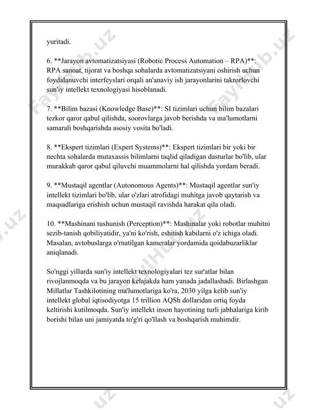 di. masalan, qaysidir o'lchovning vaqt orasida qanday o'zgarishini prognoz qilish uchun. 2. **nazorat qilinmaydigan o'rganish**: bu usulda modelga kirish ma'lumotlari beriladi, lekin ma'lumotlarning kirish-chiqish juftliklari belgilanmagan bo'ladi. maqsad, ma'lumotlar orasidagi yashirin tuzilmalarni aniqlashdir. - **k-means klasterlash**: ushbu algoritm ma'lumotlarni k ta klasterga ajratadi. har bir klaster ichida ma'lumotlar o'zaro yaqin bo'lishi kerak. - **asossiz komponent tahlili (pca)**: ushbu algoritm ko'p o'lchovli ma'lumotlarni o'lchamlarini kamaytirish uchun ishlatiladi va ma'lumotlarning asosiy komponentlarini ajratadi. 3. **yarim nazoratli o'rganish**: bu usulda ma'lumotlar orasida ba'zilari belgilangan va ba'zilari belgilangan emas. yarim nazoratli o'rganish usullari belgilangan ma'lumotlardan foydalanib, belgilangan bo'lmagan ma'lumotlarni ham o'rganish va ular ustida bashorat qilishga qaratilgan. 4. **mustahkamlash orqali o'rganish**: bu usulda agent o'z muhitidan qanday turdagi harakatlarni tanlash orqali maksimal mukofot olishni o'rganadi. markov qarorni jarayoni asosida ish olib boriladi. - **q-learning**: bu algoritm agentga ma'lum holatlarga qanday harakat qilish kerakligini o'rganishga imkon beradi, optimal siyosatga ega bo'lish uchun. 5. **chuqur o'rganish**: …