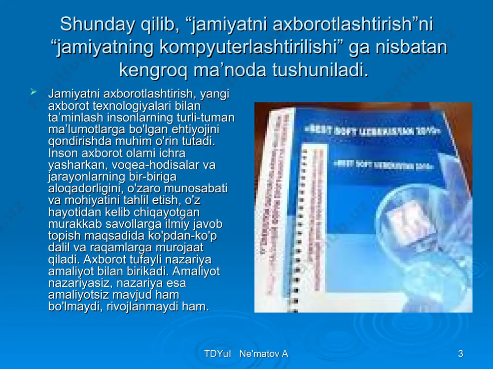 ashtirish vaqtinchalik tadbir emas, u rivojlanishning zarur vositasidir va axborotli muhitning hozirgi rivojlanish darajasi­dagi holatini informatikasiz qo'llab bo'lmaydi. axborotlarni tez, sifatli yig'ish, saqlash, qayta ishlash va uzatish kabi vazifalarni bajarishda hisoblash texnikasining xizmati beqiyos ekanligiga ish­onch hosil qilinmoqda. respublikamizning mustaqilligi va uning jahon hamjamiyatidagi obro'yi ortib borayotganligi va shu tufayli, axborotlarni nafaqat davlatimiz ichida, balki dunyodagi boshqa davlatlar bilan almashinuvi masalasining ijobiy hal etilishi, bu axborotlar respublikamizning iqtisodiy va ijtimoiy ahvolini yuksaltirishga qaratilganligidir. tdyui ne'matov a tdyui ne'matov a * bugungi kunda butun jahonda bu borada katta ishlar amalga oshirilmoqda. aloqa sohasida ham axborot texnologiyalari yangi pog'onaga ko'tarilmoqda. bu o'rinda elektron pochta, elektron hujjat alohida ahamiyatga ega. elektron pochta o'zaro bog'langan kompyuterlar tarmog'i yordamida matbuot xabarlari (matn, rasm, chizma) va hatto tovushli axborotni foydalanuvchiga yetkazish uchun xizmat qiladi. shuningdek, u istalgan vaqtda kerakli ma’lumotni izlash va undan foydalanish imkonini beradi. elektron hujjat - elektron shaklda qayd etilgan, elektron raqamli imzo …