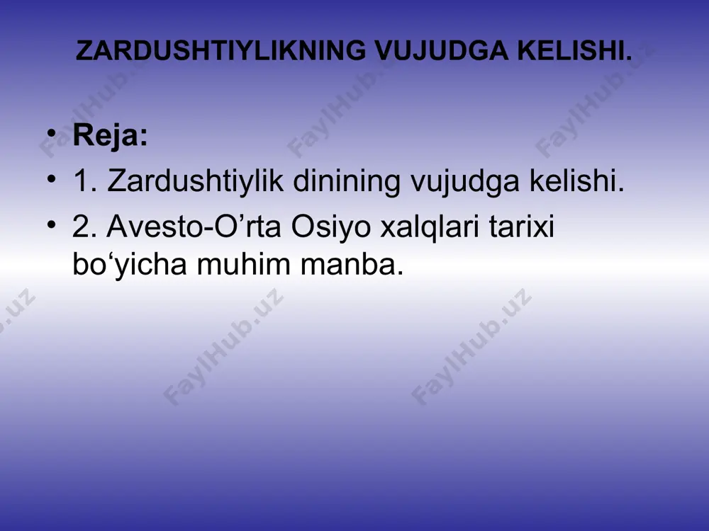 vesto" edi. "avesto" so`zi "qat`iy qonunlar" ma`nosini bildiradi. miloddan avvalgi 1-mingyillik boshlarida tarqoq qabilalarni bosqinchilarga qarshi birlashtirish zaruriyati tug`ildi. zardusht o`z ta`limotida qabilalarni birlashtirishga chorladi. zardushtiylarning eng muqaddas sanalgan ilohlari ahuramazda, mitra, anaxita bo`lgan. ahuramazda buyuk va mutafakkur iloh, zardo`shtning homiysi bo`lgan. mitra quyosh va yorug`lik xudosi, dehqonlar va chorvadorlar himoyachisi, hosil, ma`murchilik va to`kin-sochinchilikni ta`minlovchi bo`lgan. u ahuramazda bilan odamlar o`rtasidagi asosiy vositachi edi. mitra jangchi yigit qiyofasida tasvirlangan. olovli chaqmoqlar yordamida yovuzlik va o`lim hudosi ahrimanga qarshi kurashgan. yomg`irdan keyin paydo bo`ladigan kamalakka mitraning kamoni, o`q otuvchi yoyi deb sig`inganlar. hosildorlik va suv ilohasi deb anahita-nohidni tushunganlar. ular yana baxt va boylik ilohasi humoga sig`inganlar. humo ko`zga ko`rinmaydigan qush. uni jannat qushi deb hisoblaganlar. "avesto" matnlarini o`qish imkoniyatiga egamiz. uning ayrim qisimlarini frantsuz olimi a.dyuperron tarjima qilishga muvaffaq bo`lgan. tadqiqotchi olim meri boys ko`p yillar davomida hindistondagi zardushtiylik jamoalari hayoti va urf-odatlarini o`rgangandi. bu haqida u o`zining "zardushtiylar. …