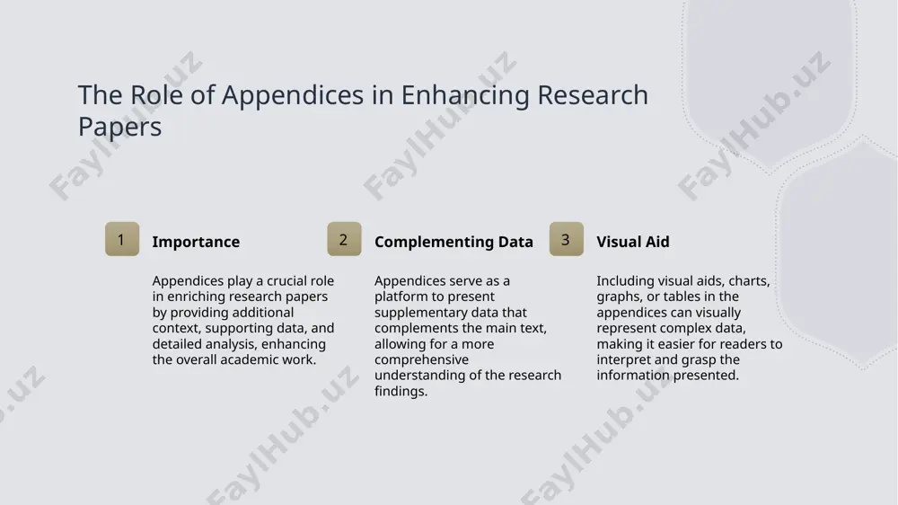 ng effective ways to structure and present supplementary material in appendices, ensuring clarity and accessibility for readers. enhancing research papers detailing how appendices play a crucial role in enhancing the overall quality and comprehensiveness of research papers, showcasing additional data and analysis. data delve: exploring research findings in appendices. 1 research findings delve into key discoveries and insights obtained through thorough research analysis in the appendices, providing a deeper understanding of the topic. 2 data exploration explore datasets, charts, and graphs within the appendices, offering a visual representation of research findings for better comprehension and analysis. 3 insightful analysis conduct in-depth examinations of research outcomes in the appendices, offering critical evaluations and interpretations that enrich the overall academic work. in-depth analysis: the role of appendices in academic documentation. appendices play a crucial role in academic documentation by providing supplementary material, such as research data and detailed analysis. they enhance the …