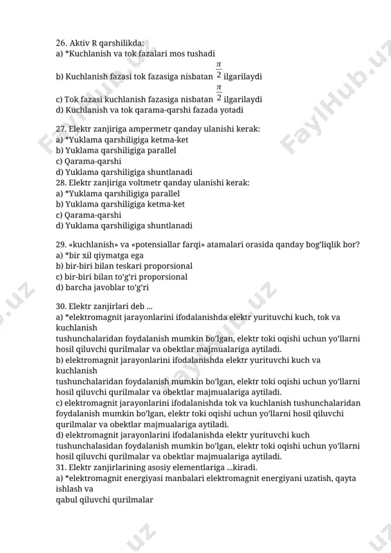 berk yo’lga aytiladi. d) bir necha shoxobchalardan o’tgan ixtiyoriy berk zanjirga aytiladi. 36. kirxgofning birinchi qonuni ... ga asoslanadi. a)* elektr zanjirining tugunlari uchun qo’llaniladi va elektr tokining uzluksizligi prinsipiga b) elektr maydonning tugunlari uchun qo’llaniladi va elektr tokining uzluksizligi prinsipiga c) elektr zanjirining tugunlari uchun qo’llaniladi va elektr kuchlanishning uzluksizligi prinsipiga d) barcha javoblar to’g’ri 37. kirxgofning birinchi qonuni ... ga asoslanadi. a) *elektr zanjirining tugunlari uchun qo’llaniladi va elektr tokining uzluksizligi prinsipiga b) elektr maydonning tugunlari uchun qo’llaniladi va elektr tokining uzluksizligi prinsipiga c) elektr zanjirining tugunlari uchun qo’llaniladi va elektr kuchlanishning uzluksizligi prinsipiga d) barcha javoblar to’g’ri 38. kirxgof birinchi qonuniniga ko’ra ... . a)* elektr zanjirining tugunidagi toklar algebraik yig’indisi nolga teng b) elektr zanjirining tugunidagi toklar geometrik yig’indisi nolga teng c) elektr zanjirining tugunidagi toklar algebraik ko’paytmasi nolga teng d) elektr maydonning tugunidagi toklar algebraik yig’indisi nolga teng 39. kirxgofning ikkinchi qonunini yana qanday nomlar …