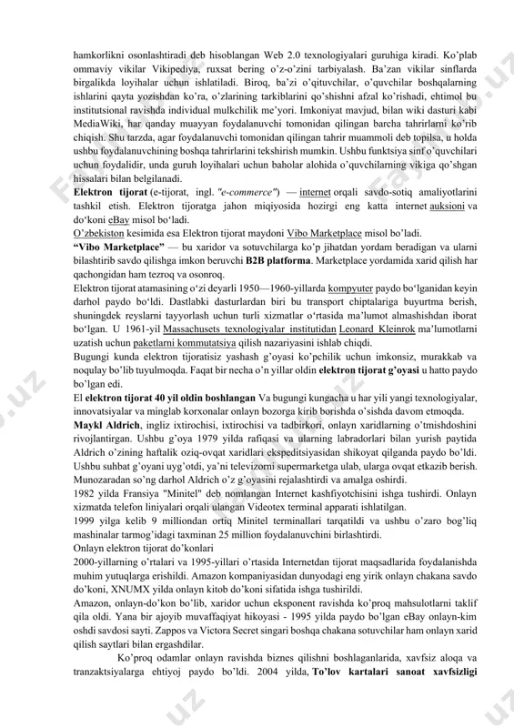 a va bahs o`tkazish vositasi. forum tushunchasi. internet tarmog’ida forumlar veb-sayt ko’rinishida bo’ladi va veb-forum deb ataladi. veb-forum - veb-sayt tashrif buyuruvchilarining o’zaro muloqotini tashkil etish uchun mo’ljallangan veb sayt sahifalari va uskunalari majmui. qisqacha aytganda, forum bu veb-saytning tashrif buyuruvchilari muloqot o’rnatadigan maydonchasi. bunda ixtiyoriy foydalanuvchi forum veb saytiga tashrif buyurib, o’zini qiziqtirgan mavzuni o’rtaga tashlashi va veb-saytning boshqa tashrif buyuruvchilari bilan muhokama qilishlari mumkin. forum muloqotning yana bir oddiy turi bo’lib, bu muloqotda ixtiyoriy vaqtda ixtiyoriy joydan qatnashish ham mumkin. bunda biror bir mavzu tanlanadi va u muhokamaga qo’yiladi. qatnashuvchilar muzokara bilan tanishib o’z fikrlarini jo’natishlari mumkin. bu usulda siz muhokamada qatnashayotganlarni ko’rmaysiz, faqatgina ularning fikrlari bilan tanishib chiqishingiz mumkin. forumda turli - tuman mavzular muhokama qilinadi. bunda siz biror mavzuni tanlab, ularning muhokamasida ishtirok etishingiz mumkin. milliy va xalqaro internet forumlari. internet forumlari alohida yo’nalishlarga ixtisoslashgan yoki umumiy bo’lishi mumkin. ixtisoslashgan internet forumlarga meditsina, dasturlash texnologiyalari, dizayn …