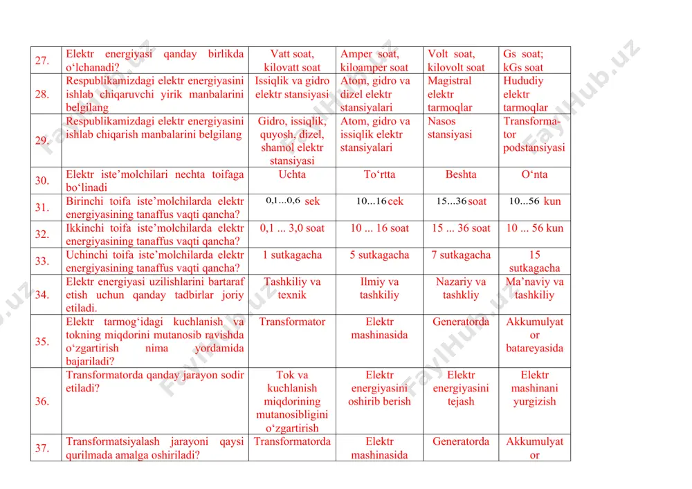 ng maqsad va mohiyati nimadan iborat? to‘la quvvatni yig‘ish va uzatish faqat aktiv quvvatni yig‘ib berish elektr zaryadini yig‘ib berish quvvat koeffitsientini oshirish 39. elektr tarmoqlaridagi energiyani yig‘ish va iste’molchilarga uzutishda qanday transformator ishlatiladi? quvvat va avto-transformator payvandlash transformatori kuchlanish transformatori kompensator 40. transformatordagi moyning vazifasi nimadan iborat? transformatorni izolyasiyalash va sovutish transformatorni moylash va yurgizish transformatorni qizdirish zanglashdan asrash 41. transformatordagi isrof δr nimani anglatadi? quvvat isrofini kuchlanish isrofini tok isrofini qarshilik miqdorini 42. transformatordagi aktiv quvvat isrofi qanday belgilanadi? 43. transformatordagi kuchlanish isrofi qanday belgilanadi? 44. transformatordagi tok isrofi qanday belgilanadi? δc 45. elektr tarmog‘idagi kuchlanish isrofi qanday belgilanadi? 46. elektr tarmog‘idagi kuchlanish isrofi nimaga bog‘liq? liniyadagi lektr qarshilikka transformatorning quvvatiga haroratga shamolning bosimiga 47. elektr tarmog‘i uchun δur.e. nimani anglatadi? kuchlaning ruxsat etilgan isrofi o‘rtacha kuchlanish miqdorini minimal kuchlanish miqdorini maksimal kuchlanish miqdorini 48. ruxsat etilgan kuchlanish isrofi qanday belgilanadi? 49. fomula yordamida nima hisoblanadi? maksimal yuklamadan …