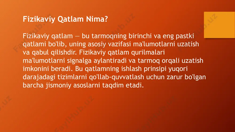 bilan mashhur bo'ladi. kvantli aloqa xavfsiz aloqa usulini ta'minlashda katta ahamiyatga ega bo'lishi kutilmoqda. optik to'lqinli aloqa: optik tolalar orqali yuqori tezlikda ma'lumot uzatish imkoniyatlari davom etadi, bu esa global tarmoqlarni tezlashtiradi. xulosa: fizikaviy qatlam texnologiyasi ma'lumotlar uzatishning asosiy vositasi bo'lib, turli xil qurilma va texnologiyalarni o'z ichiga oladi. har bir texnologiya va qurilma o'ziga xos afzalliklarga ega va aloqa tizimlarining samarali ishlashini ta'minlaydi. kelajakda bu texnologiyalar yanada rivojlanib, yangi imkoniyatlarni taqdim etadi. foydalanilgan odabiyotlar shannon, c. e., & weaver, w. (1949). the mathematical theory of communication. university of illinois press. bu kitobda shaxsiy, jamoaviy va massoviy aloqa tizimlari nazariyasi va matematik modellarini ishlab chiqilgan. bu asar aloqa nazariyasining poydevori hisoblanadi. latané, b., & wolf, s. (1991). the psychology of communication. ushbu manba aloqa psixologiyasi va kommunikatsiya tizimlarining insonlarni qanday ta'sir qilishi haqida batafsil ma'lumot beradi. baran, s. j., & davis, d. k. (2011). mass communication theory: foundations, ferment, and …