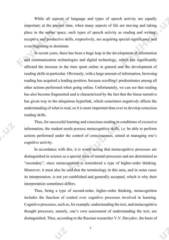 age in students and using a foreign language as a means of acquiring knowledge. regardless of the level of language proficiency, younger students still perceive reading more as a decoding process than as a process of obtaining new information from the text. this happens because even with a high level of reading technique, younger students are less able to perceive abstract ideas and concepts, interpret what they read, analyze events in the text, analyze their actions and what is happening around them. this is also true for reading in their native language. thus, younger students are more interested in how they read than in what exactly they read. based on this, the most interesting age for us is the late teenage and early youth age of students, since this age is the most sensitive in the development of reflection. while all aspects of language and types of speech activity are …