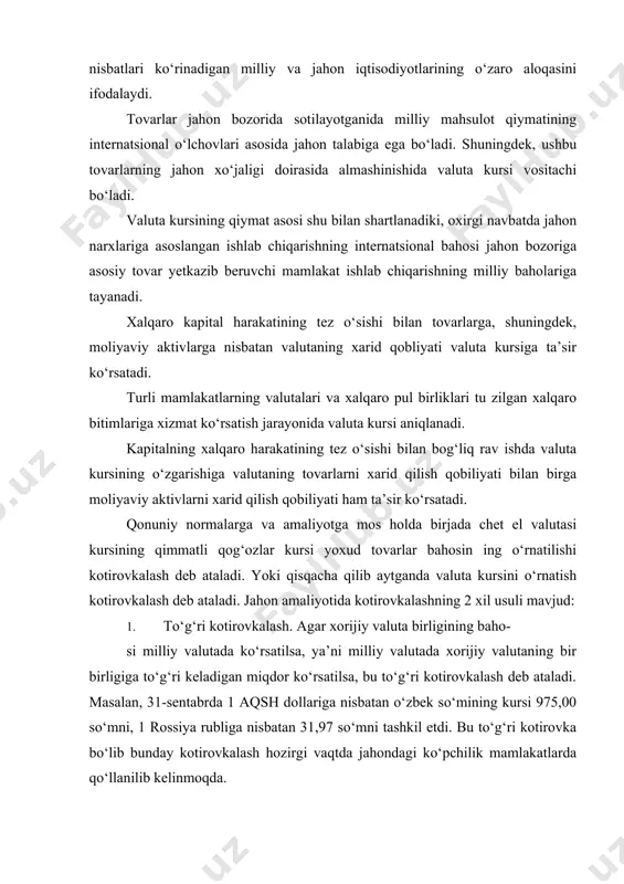 ning xorijiy valutadagi bahosi ko‘rsatiladi, masalan: l so‘m =aqsh dollari yoki 1 aqsh dollari = 975,00 so‘m l so‘m =rossiya rubli yoki 1 rossiya rubli = 31,97 so‘m. agarda ikki valuta o‘rtasidagi nisbat qandaydir uchinchi valutaga nisbatan olingan kurslarida aniqlansa, bunday nisbatni „krosskurs“ deb ataladi. masalan: 1 aqsh dollari = 31 rossiya rubli. 1 aqsh dollari = 5 ukraina grivnasi. l ukraina grivnasi = 6, 2 rossiya rubli. ko‘rinib turibdiki, yuqorida keltirilgan nisbat ukraina grivnasining rossiya rubliga nisbatan aniqlangan kross-kursidir. ushbu misolda aqsh dollari uchinchi valuta rolini o‘ynaydi. jahon amaliyotida oxirgi yillargacha asosan uchinchi valuta sifatida aqsh dollari qo‘llanilanilardi, ya’ni barcha valutalarni ayirboshlashda aynan shu valutaga nisbatan kotirovka qilinardi. lekin oxirgi 1–2 yillar ichida yevropaning salohiyati oshib bormoqda hamda krosskursni aniqlashda valuta sifatida yevro kengroq qo‘llanilmoqda. kross-kursdan foydalanish ancha og‘ir va xavfl idir. ammo ularni qo‘llash quyidagi 2 holatda zarur va foydalidir: – sizning talabingizdagi valutaga ega bo‘lgan sotuvchilarda sizning …