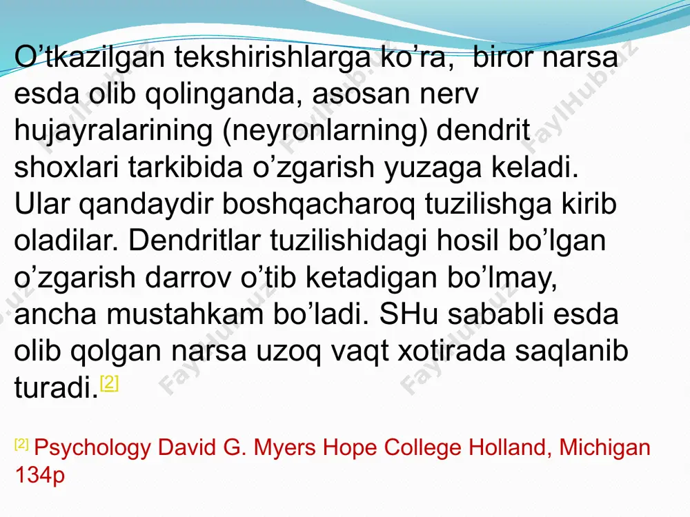 tushirishdir. ihtiyoriy esga tushirish-shahs o'z oliga biror bir maqsadni qo'yib, iroda kuchini sarflagan holda esga tushirishdir. esda saqlash deganda ilgari tug’ilgan taassurot, fikr, his-tuyg’u va ish-harakatlarning takrorlanishiga moyillik paydo qilishi va mustahkamlanishi tushuniladi reministsenciya hodisasi (hira esga keltirish)-unutilgan narsalarni yana hotirada qaytadan tiklanishi deyiladi esda olib ?olish va unutish tezligiga ko'ra hotiraning quyidagi tiplari mavjud: 4) sekin esda qoldirish, tez unutish. 3) sekin esda qoldirish, sekin unutish; 2) tez esda qoldirish, tez unutish; 1) tez esda qoldirish, sekin unutish; hotira tasavvurlari -ilgari idrok qilingan narsa va hodisalar obrazlarining ongimizda qaytadan gavdalanishiga aytiladi. hotiraning psihologik nazariyalari inson faolligi bilan bog’liq bo'lgan hotira jarayonlarini shakllantirishni tadqiq etadi va uning quyidagi turlari mavjud: birinchisi assotsiativ nazariyadir. ikkinchi psihologik nazariya hotiraning geshtalt nazariyasidir. uchinchisi biheviorizm nazariyasi – inson hotirasida, esda olib qolishda takrorlashning ahamiyatiga diqqatni qaratadi. to'rinchisi freydizm hotirani emotsiyalar, motivlar va ehtiyojlar bilan bog’laydi. beshinchisi mantiqiy nazariya a.bine va byullerlar tomonidan ilgari surilib, …