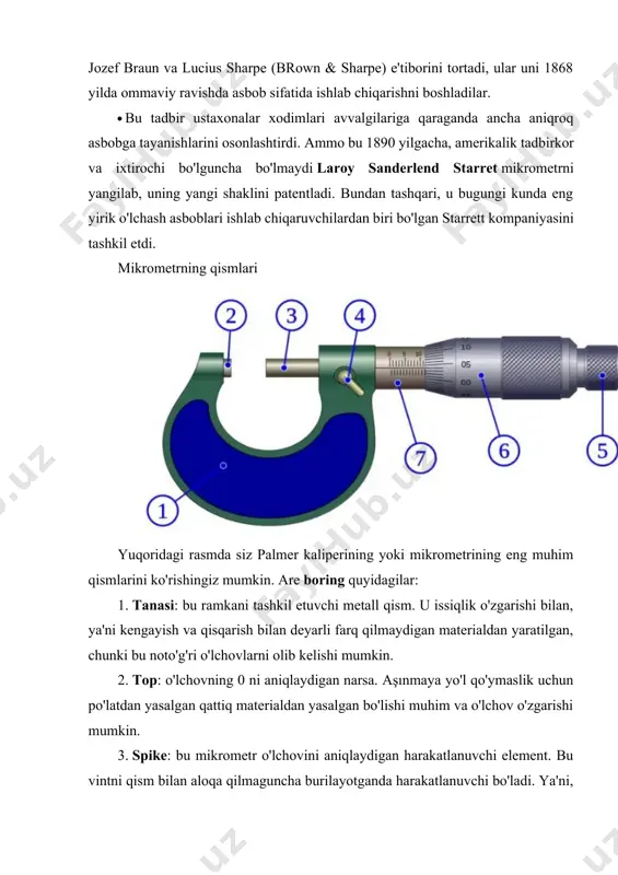 shi mumkin. 3. spike: bu mikrometr o'lchovini aniqlaydigan harakatlanuvchi element. bu vintni qism bilan aloqa qilmaguncha burilayotganda harakatlanuvchi bo'ladi. ya'ni, tepa va boshoq orasidagi masofa o'lchov bo'ladi. xuddi shunday, u odatda yuqori qismi bilan bir xil materialdan qilingan. 4. o'rnatish dastagi: o'lchash uchun bo'lakni olib tashlagan bo'lsangiz ham, u qimirlamasligi uchun o'lchovni to'g'rilash uchun boshoqning harakatini blokirovka qilishga imkon beradi. 5. ratchet: bu kontakt o'lchovini bajarishda qo'llaniladigan kuchni cheklaydigan qism. u osongina sozlanishi mumkin. 6. mobil baraban: bu erda eng aniq o'lchov shkalasi, o'nlab mmlarda yozilgan. vernerga ega bo'lganlar, aniqlik uchun millimetrning mingdan bir qismi uchun ham ikkinchi o'lchovga ega bo'ladilar. 7. ruxsat etilgan baraban: bu erda sobit o'lchov belgilanadi. har bir chiziq millimetrga teng va tamburning belgilangan joyiga qarab, bu o'lchov bo'ladi. palmer mikrometri yoki kaliper qanday ishlaydi mikrometr oddiy printsipga ega. u a ga asoslangan kichik siljishlarni o'zgartirish uchun vint miqyosi tufayli aniq o'lchovda. ushbu turdagi asbobdan foydalanuvchi …