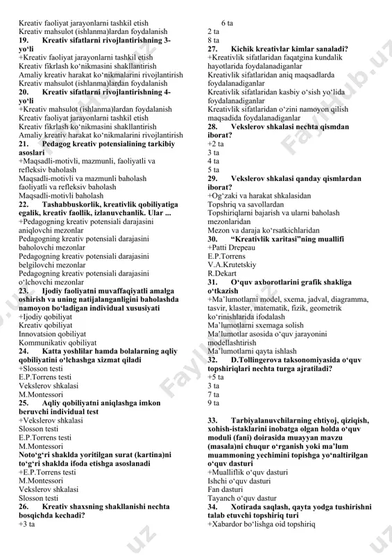 ta 12. muayyan hodisani o‘zida qandaydir yakunlangan jarayonni qamrab olgan ma’lum vaqt birliklariga ajratilishi +davrlashtirish guruhlashtirish individuallashtirish toifalash 13. muayyan kreativlik sifatlarining rivojlanganlik darajasi +kreativlikning rivojlanish bosqichi kreativlikning rivojlanish davri kreativlik rivojlanishning ilk davri kreativlikning rivojlanish holati 14. ijodiy yo‘nalganlik, mantiqiy fikrlash olish, eruditsiya, boy tasavvurga egalik, hissiyotga boylik, tafakkur tezligiga egalik va b.q. ular nimani ifodalaydi? +kreativlik sifatlarini kreativlikni rivojlantirish tamoyillarini shaxsning ijodkorlik faoliyatini shaxsning tafakkuri darajasini 15. butunning turli bosqich yoki darajalarga ajratilishi +tabaqalashtirish individuallashtirish guruhlashtirish toifalash 16. ma’lum kreativlik sifatlarining rivojlanishi yakuniga yetgan qandaydir vaqt birligi +kreativlikning rivojlanish davri kreativlik rivojlanish ning ilk davri kreativlik rivojlanish ning so‘nggi bosqichi kreativlikning rivojlanish holati 17. kreativ sifatlarni rivojlantirishning 1-yo‘li +kreativ fikrlash ko‘nikmasini shakllantirish amaliy kreativ harakat ko‘nikmalarini rivojlantirish kreativ faoliyat jarayonlarni tashkil etish kreativ mahsulot (ishlanma)lardan foydalanish 18. kreativ sifatlarni rivojlantirishning 2-yo‘li +maliy kreativ harakat ko‘nikmalarini rivojlantirish kreativ fikrlash ko‘nikmasini shakllantirish kreativ faoliyat jarayonlarni tashkil etish kreativ mahsulot (ishlanma)lardan …