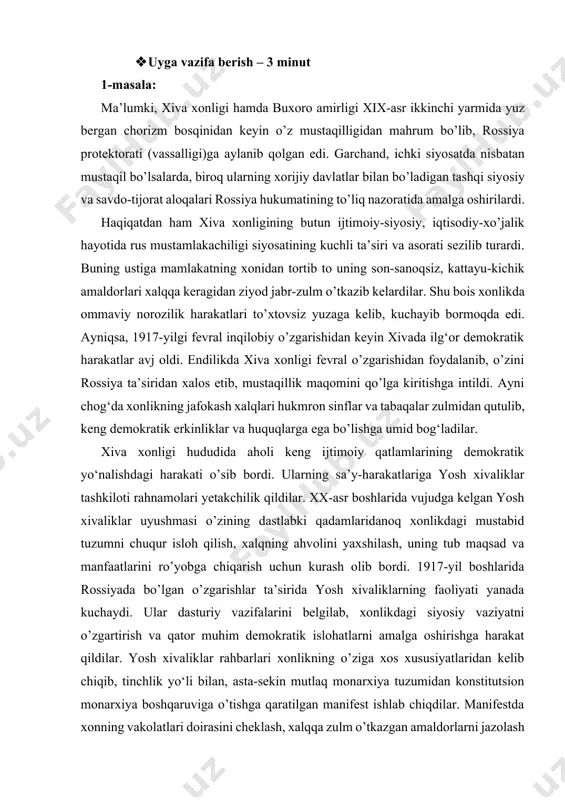 917-yil boshlarida rossiyada bo’lgan o’zgarishlar ta’sirida yosh xivaliklarning faoliyati yanada kuchaydi. ular dasturiy vazifalarini belgilab, xonlikdagi siyosiy vaziyatni o’zgartirish va qator muhim demokratik islohatlarni amalga oshirishga harakat qildilar. yosh xivaliklar rahbarlari xonlikning o’ziga xos xususiyatlaridan kelib chiqib, tinchlik yo‘li bilan, asta-sekin mutlaq monarxiya tuzumidan konstitutsion monarxiya boshqaruviga o’tishga qaratilgan manifest ishlab chiqdilar. manifestda xonning vakolatlari doirasini cheklash, xalqqa zulm o’tkazgan amaldorlarni jazolash va vazifasidan mahrum etish, ijtimoiy hayotning muhim sohalari – iqtisodiyot, ta’lim va madaniyat jabhalarini isloh qilish talablari aks ettirilgandi. xivadagi ijtimoiy-siyosiy vaziyat keskin tus olayotganini, keng aholi qatlamlari faol harakatga kelayotganini, ommaviy ko’cha namoyishlari to’xtamayotganini ko’rgan xiva xoni isfandiyorxon murosaga borib 1917-yil 5-aprel kuni manifestni imzolashga majbur bo’ladi. manifest talablariga ko’ra xonlikda konstitutsion monarxiya tuzumi o’rnatildi. ayni paytda tarkibi 30–50 kishidan iborat ruhoniylar va savdo-sanoat ahli vakillaridan saylangan majlis va nozirlar kengashi tuziladi. ular xalq vakilligi boshqaruvi organlari sifatida xon hokimiyati vakolatlarini ma’lum darajada cheklab qo’ydi. majlis raisligiga …
