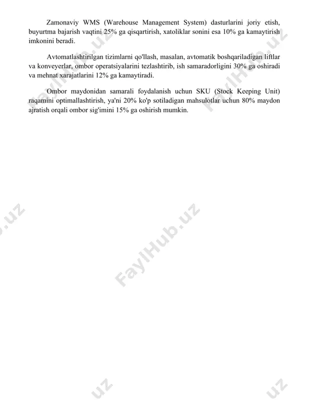 imkonini beradi. avtomatlashtirilgan tizimlarni qo'llash, masalan, avtomatik boshqariladigan liftlar va konveyerlar, ombor operatsiyalarini tezlashtirib, ish samaradorligini 30% ga oshiradi va mehnat xarajatlarini 12% ga kamaytiradi. ombor maydonidan samarali foydalanish uchun sku (stock keeping unit) raqamini optimallashtirish, ya'ni 20% ko'p sotiladigan mahsulotlar uchun 80% maydon ajratish orqali ombor sig'imini 15% ga oshirish mumkin. 📌xulosa ombor logistikasining samarali boshqaruvi zamonaviy texnologiyalarni joriy etish, optimizatsiyalash va xavflarni kamaytirish orqali ta'minot zanjirining umumiy samaradorligini oshiradi. bu esa raqobatbardoshlik va iqtisodiy foydani ta'minlaydi. 📚foydalanilgan adabiyotlar 1. bozor talablariga javob beradigan omborxona logistikasini rivojlantirish yo'llari. // moliya va statistika, 2023, №3. 2. zamonaviy omborxona logistikasi: samaradorlik va innovatsiyalar. // iqtisodiyot va tadbirkorlik, 2022, №1. 3. omborxona xarajatlarini optimallashtirish va logistika samaradorligini oshirish