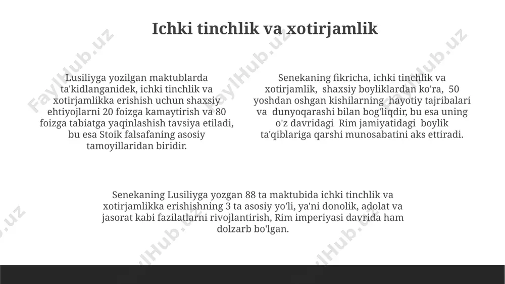 taqdirga bo'ysunishni va oqilona hayot kechirishni – tushuntirishga harakat qildi. stoiklarning asosiy tamoyillaridan biri – tabiatga muvofiq yashash, 4 element (yer, suv, havo, olov) va kosmosning uyg'unligiga e'tibor qaratish edi. bu falsafa odamlarning ichki tinchligini ta'minlashga qaratilgan edi. baxtga erishish yo'llari senekaning lusiliyga yozgan axloqiy maktublarida 70 dan ortiq xat mavjud bo'lib, ular rim imperiyasi davrida, taxminan 65-yil atrofida yozilgan. lusiliyga yozilgan maktublar, seneka tomonidan 10 yil davomida yozilgan bo'lib, ularning mazmuni shaxsiy rivojlanish va ichki tinchlikka erishish masalalarini o'z ichiga oladi. maktublarda taqvodorlik, adolatlilik, donolik kabi 3 ta asosiy fazilatlar muhokama qilinadi va ularga erishish yo'llari, masalan, o'z-o'zini tarbiyalash orqali ko'rsatib beriladi. seneka va lusiliy: tanishuv maktublarning asosiy maqsadi, hayotning ma'nosi, baxt va fazilatlar haqida 4 asr davomida ta'sirli bo'lgan amaliy falsafani tushuntirish edi. lusiliy, boy va nufuzli rim fuqarosi bo'lib, senekaning maktublarida shaxsiy hayotining muammolarini va ruhiy taraqqiyotini muhokama qilgan. senekaning lusiliyga yozgan 124 ta maktubi, milodiy 65 …