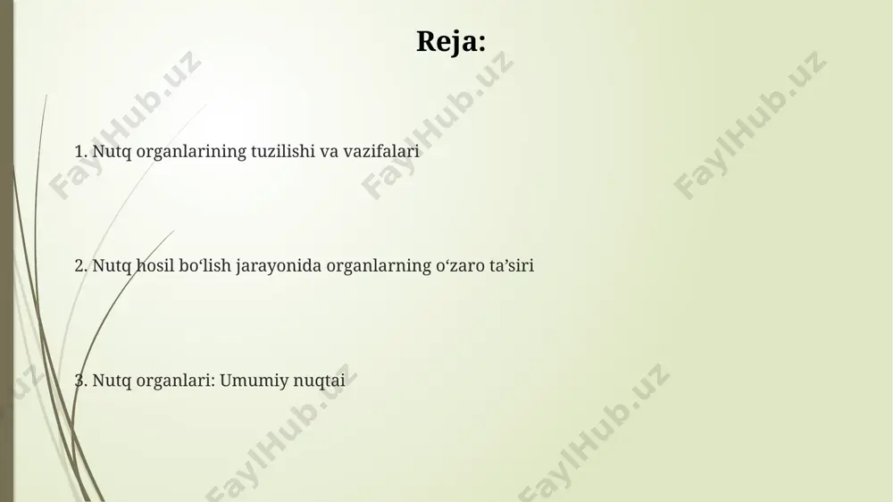 12 juft qovurgʻa, diafragma va burun boʻshligʻini oʻz ichiga oladi, ularning har biri oʻziga xos funksiyalarni bajaradi. nafas olish tezligi daqiqada 12-16 nafas olishni tashkil etadi, bu esa organizmning kislorodga boʻlgan ehtiyojiga bogʻliq ravishda oʻzgarib turadi. artikulyatsiya organlari artikulyatsiya organlari 3 ta asosiy qismdan: artikulyatorlar (til, lablar, jag‘lar), rezonatorlar (burun bo‘shlig‘i, og‘iz bo‘shlig‘i) va respirator apparat (o‘pka, traxeya) dan tashkil topib, 100 dan ortiq mushaklarning muvofiqlashtirilgan faoliyati natijasida tovushlar hosil qiladi. lablarning 2 asosiy harakati – yopilish va cho‘zilish tovushlarning shakllanishida muhim rol o‘ynaydi, masalan, /p/, /b/, /m/ tovushlarining artikulyatsiyasi lablarning yopilishidan, /f/, /v/ tovushlarining artikulyatsiyasi esa lablarning cho‘zilishidan kelib chiqadi. tilning 4 asosiy qismi – uch, orqa, yon va o‘rta qismi turli tovushlarni hosil qilishda ishtirok etadi, masalan, /t/, /d/, /n/ tovushlari tilning uch qismi bilan, /k/, /g/, /ŋ/ tovushlari esa tilning orqa qismi bilan artikulyatsiya qilinadi. lablarning roli лабларнинг шакли ва ҳаракати 50 дан ортиқ фонемаларнинг, жумладан, лабиал …
