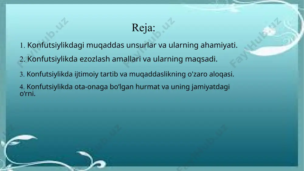 nlar ijtimoiy rollarini, mas'uliyatlarini aniq anglab, bir-biriga hurmat ko'rsatadilar. "xiao" tushunchasi esa, ota-onaga bo'lgan hurmat va ularni e'zozlashni anglatadi. bu, konfutsiylikda muhim bo'lgan oila qadriyatlarining mustahkamlanishiga yordam beradi. oila va ota-onaga bo'lgan hurmat, jamiyatda umumiy yaxshilikka intilish va axloqiy ustunlikni yaratishga yordam beradi. konfutsiylikda, barcha bu muqaddas unsurlar bir-birini to'ldiradi va jamiyatda barqarorlikni ta'minlashga qaratilgan. bu qadriyatlar nafaqat shaxsiy axloqni shakllantirish, balki ijtimoiy aloqalarni yaxshilash va jamiyatni rivojlantirishda ham katta ahamiyatga ega. insonlar o'rtasidagi o'zaro hurmat va mas'uliyat, konfutsiylikda muqaddas unsurlarni amalga oshirish orqali kuchayadi va bu jamiyatda tinchlik va hamjihatlikni yaratadi. 2. konfutsiylikda ezozlash amallari va ularning maqsadi. konfutsiylikda ezozlash amallari insonlar o'rtasida axloqiy va ijtimoiy tartibni saqlashga qaratilgan muhim ritüel va harakatlardir. ezozlash, asosan, odamlarning jamiyatdagi o'zaro munosabatlarini, hurmatini va mas'uliyatini oshirishga yordam beradi. bu amallar konfutsiylikning asosiy qadriyatlariga, masalan, "ren" (insoniylik) va "li" (an'ana va tartib) tushunchalariga asoslanadi. ezozlash amallarining birinchi maqsadi – odamlarning o'zaro hurmatini va …