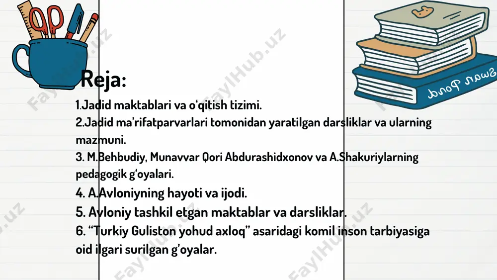 darsliklar va ularning mazmuni” mavzusidagi jadvalni to‘ldiring munavvar qori abdurashidxonov yaratgan darsliklar behbudiy yaratgan darsliklar shakuriy yaratgan darsliklar 2 1 3-topshiriq. test topshiriqlari “ilm dunyoning izzati oxiratning sharofatidur. ilm inson uchun g‘oyat oliy va muqaddas bir fazilatdur. ilmsiz inson mevasiz daraxt kabidir” ushbu so‘zlar muallifi, tarbiyashunos olim kim? a.avloniy. forobiy. ibn sino. behbudiy . “ bizlarni xonavayron, bachagiryon va bevatan va bandi qilg‘on tarbiyasizlik, asorat, faqirlikva zarurat va xorliklar hammasi ilmsizlik va betarbiyalikning mevasi va natijasidir” so‘zlari kimga tegishli? a.abduqodir shakuriy b. munavvarqori abdurashidxonov c. behbudiy. d. abdurauf fitrat 3 4 “rahnomai savod” deb atalgan alifbe tuzgan jadid namoyondasini aniqlang abduqodir shakuriy munavvarqori abdurashidxonov abdurauf fitrat abdulla avloniy dastlabki yangi usul maktabi turkistonning qaysi shahrida ochilgan edi? andijon; qo‘qonda; marg‘ilonda; toshkentda; 5 6 “padarkush” drammasining muallifini aniqlang a .shakuriy. b.behbudiy. s.avloniy. d.hamza. ta’limni to‘rt bosqichda olib borgan jadidchini aniqlang. a. avloniy. b.shakuriy. c. behbudiy. d.munavvar qori. 8 7 o‘zi ochgan …
