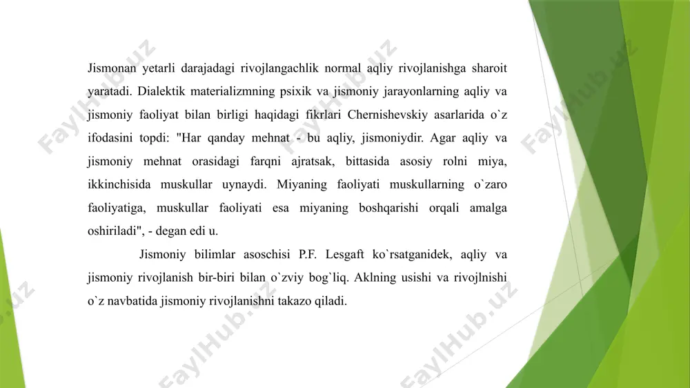 akat nafosati, uning mazmunini ifodalashning o`zi ham go`zal. jismoniy madaniyat jarayonida foydalaniyotgan harakat faoliyati bir-biriga uxshash emas. lekin ularning har biri - yugurishning chiroyliligi, brumelning balandlikka sakrash, jabotinskiyning rekord ogirlikni kutarishi texnikasi, voronin, diamidovlarning gimnastika snaryad larida "ishlash maxorati" - hammasi go`zal. boksni estetik sport turi emas, deb baxolaydilar. bu muloxaza to`g`rimi? bu uyin o`zida ruxiy. axloqiy, jismoniy sifatlarni rivojlantiradi. yaxshi bokschi mard, irodali, botir bo`lishi amaliyotdan aniq. did bilan tushurib, tomosha qila olsangiz, u sizga estetik zavq beradi. foydalangan adabiyotlar ro`yxati: 1. aliev a. o`qituvchining ijodkorlik qobiliyati.-t., “o`qituvchi”.1991 y 2. ataev a.k.kurash.o`quv qo`llanma.-t., 1987 y 3. abdumalikov r., jismoniy tarbiya va sportni boshqarishning nazariy asoslari. o`quv qo`llanma, -t., o`zdjti nashriyoti. 1996 y 4. abdumalikov r., abdullaev t., va boshqalar. jismoniy tarbiya ta`limi ilmini takomillashtirish masalalari. metodik qo`llanma. t., o`zdjti nashriyoti 1996 y 5. akramov a.k., o`zbekistonda jismoniy madaniyat va sport tarixi. o`quv qo`llanma. t., o`zdjti nashriyoti 1997y 6. ashmarin …