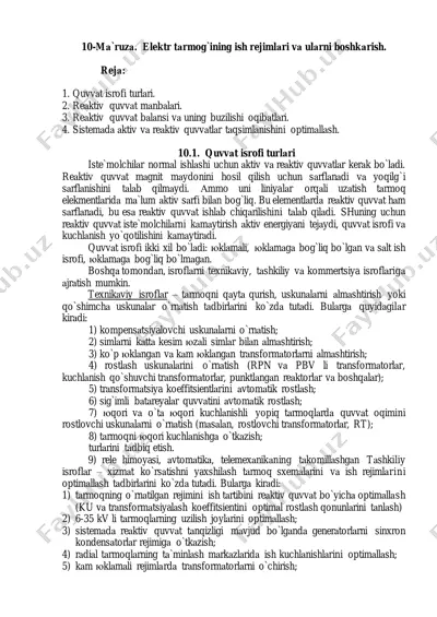 elektr tarmog`ining ish rejimlari va ularni boshkarish — PDF