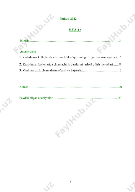 rni qaratadi. buning uchun xalq xo`jaligini butunlay, tubdan isloh qilish lozimligi haqida qayg`urib, yozadi, «ilg`or texnologiyalarga, ishlab chiqarishning zamonaviy tuzilmalariga qat`iy o`tish mineral resurslarni kompleks qayta ishlash va ko`p bilim talab qiladigan tayyor mahsulotlar ishlab chiqarish bo`yicha tarmoqlar tizimini shakllantirishni talab qiladi». chizmachilik fanida yakka topshiriqlar xilma-xildir. malakaviy ishning hajmi, ularning barchasining ustida to`xtalib o`tishga imkon beradi. chizmachilik fanini yaxshi o`zlashtirib olinsa, proektsion mashinasozlikda, arxitektura, perspektiva bilishlarida as qotadi. xulosamning mazmuni shundan iboratki, geometrik va proektsion chizmachilikda grafik ishlarni ishlash ularni amalga oshirish davomida ishlarni qonun�qoidaga binoan chiziq turlari va ketma-ketlik bajarilishi haqida malakaviy ishimning yozmasida keng va tushunarli qilib yoritishga harakat qildim. fan va texnikani rivojlavntirish malakali xodimlar tayyorlash, ularni tarbiyalash esa, uz navbatida, ta`lim-tarbiya orqali amalga oshiriladi. bu, umumta`lim maktablarida o`quvchilarni sinfdan tashqari tarbiyaviy ishlar jarayonida hal qilishni taqoza etadi. ayniqsa texnika taraqqiyoti va me`morchilik ravnaqi matematika, handasa, trigonometriya, falakiyot va chizmachilik fanlari bilan bevosita bog`liqdir. fazoviy tasavvurlar, …