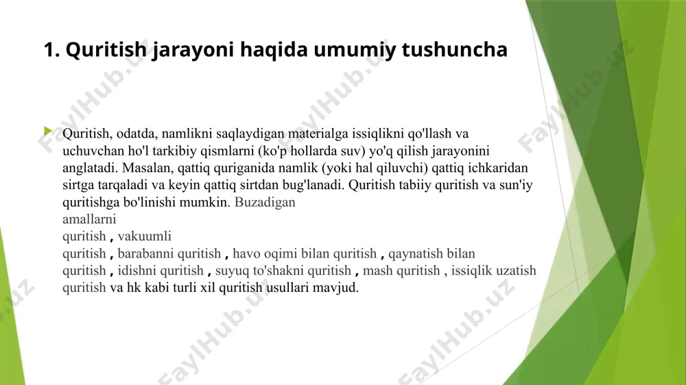 noatida: meva, sabzavot, go‘sht, sut kukuni quritish; farmatsevtika sanoatida: dori vositalari changini olish; yog‘ochsozlik: yog‘och namligini optimal darajaga tushirish; kimyo sanoatida: mahsulot yoki xomashyolardan suyuqlikni yo‘qotish. samarali quritish uchun issiqlik va massa almashinuvi modellarini to‘g‘ri tanlash, kompyuter dasturlarida simulyatsiya qilish orqali optimal parametrlarni aniqlash mumkin bo‘ladi. 3. quritish tizimini optimallashtirish va boshqaruv masalalari oziq-ovqat sanoatida: meva, sabzavot, go‘sht, sut kukuni quritish; farmatsevtika sanoatida: dori vositalari changini olish; yog‘ochsozlik: yog‘och namligini optimal darajaga tushirish; kimyo sanoatida: mahsulot yoki xomashyolardan suyuqlikni yo‘qotish. samarali quritish uchun issiqlik va massa almashinuvi modellarini to‘g‘ri tanlash, kompyuter dasturlarida simulyatsiya qilish orqali optimal parametrlarni aniqlash mumkin bo‘ladi. muzlatib quritish mashinasi matematik modellashtirish asosida optimallashtirish matematik modellashtirish yordamida quritish tizimidagi issiqlik va massa almashinuv jarayonlari tahlil qilinib, quyidagi parametrlarning optimal bog‘liqligi aniqlanadi: energiya tejamkorligi; quritishning eng maqbul harorat rejimi; minimal quritish vaqti; mahsulotning ichki namlik taqsimoti. xulosa. quritish jarayonini modellashtrish — bu murakkab fizik va kimyoviy jarayonlarni tushunish …