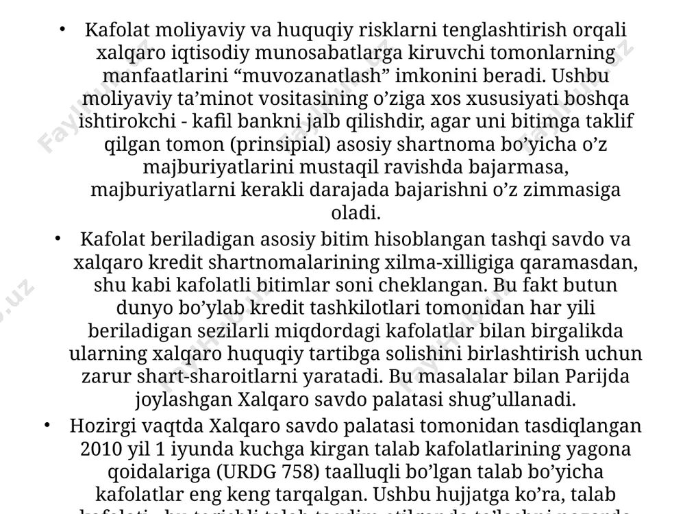 illik, boshqa bankning bank kafolati, depozit ko’rinishida bo'lishi mumkin; • ushbu shartnoma bo'yicha regress huquqi, shuningdek ushbu huquqni amalga oshirish tartibi. 4. kafil bank tomonidan kafillik berish. kafolat qog'ozda yoki elektron shaklda berilishi mumkin. odatda, kafolat butun dunyo bo'ylab banklararo moliyaviy telekommunikatsiya tizimining swift hamjamiyatidan foydalangan holda uzatiladi. mt760 sifatida belgilangan swift standartlaridagi bunday xabarning shakli 9.2-bandda keltirilgan. 758-qoidaga bo'ysunadigan kafolat, garchi kafolatning o'zida bu haqda aniq ko'rsatilmagan bo'lsa ham, qaytarib bo'lmaydi. 5. benefitsiarga kafolat bo'yicha maslahat berish. kafolat to'g'ridan-to'g'ri kafil bankdan benefitsiarga qog'oz shaklida taqdim etilishi mumkin (ba'zida bu bevosita prinsipial tomonidan amalga oshiriladi). amalda, kafolat swift kanallari orqali benefitsiarning banki orqali uzatiladi, uning asosiy vazifasi benefitsiarga unga bank “kafolati” berilganligi haqida xabar berishdir. ushbu maslahat berish protsedurasi benefitsiarga maslahat beruvchi tomonidan berilgan kafolatning aniq haqiqiyligini tekshirganligi to'g'risida xabar olish imkonini beradi, chunki 760 formatidagi swift xabari autentifikatsiya protsedurasidan o'tadi, ya'ni, kafil bankning elektron imzosini tekshiriladi. agar prinsipial va …