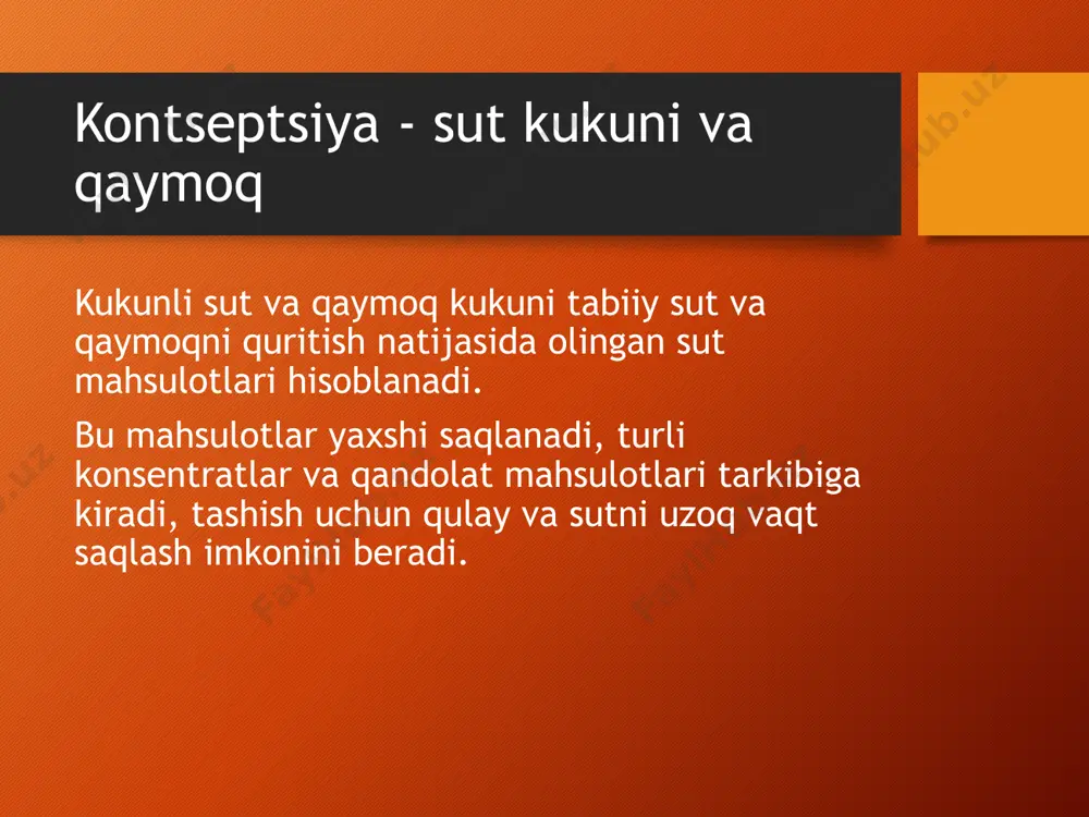 ash yangi sut o'rniga umumiy ovqatlanish korxonalari 40 ... 50 ° s haroratda suvda eritib, yaxshilab aralashtirish yo'li bilan tiklanadigan to'liq sut kukunini etkazib berishi mumkin. sut kukunini qayta tiklash uchun 121 g sut kukuni va 879 ml suv kerak bo'ladi. qayta tiklangan sut sotish uchun sut sanoati korxonalari sutni (ayniqsa qishda) quruq sutdan qayta ishlab chiqaradi. rossiya federatsiyasining 2008 yil 12 iyundagi 88-fz-sonli "sut va sut mahsulotlari uchun texnik reglament" federal qonuniga muvofiq, bunday sut sutli ichimliklar sifatida tasniflanadi. oziqlanish va organoleptik xususiyatlariga ko'ra u tabiiy yangi sut kabi deyarli yaxshi, ammo b, c va pp vitaminlari kamroq. quruq krem pasterizatsiyalangan kremdan quruq qaymoq tarkibida 4% suv, 96% qattiq moddalar, shu jumladan: yog' 42%, sut shakari 30,2%; oqsil 19%; minerallar 4%. 100 g quruq qaymoqning energiya qiymati 577 kkal. quruq sutning organoleptik sifat ko‘rsatkichlari quruq kremning krem va sut kukunidagi nuqsonlar sut kukunidagi nuqsonlarga quyidagilar kiradi: achchiqlanish , bo'laklanish, …