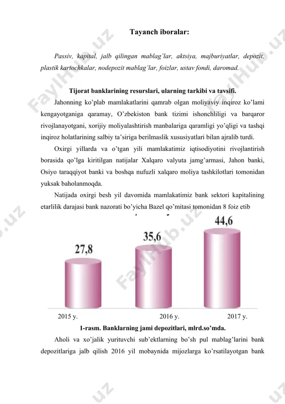ning o’sishini rag’batlantirishga qaratilgan keng ko’lamli ishlar, jumladan, doimiy ravishda jozibador omonat turlarini taklif qilish, uzoq muddatli bank depozit sertifikatlarini va obligatsiyalarini muomalaga chiqarish hamda bu borada joriy etilgan imtiyozlar va qulay shart-sharoitlarni ommaviy axborot vositalarida keng yoritish o’zining ijobiy natijalarini bermoqda. aholining talab va ehtiyojlarini inobatga olgan holda, hozirda tijorat banklari tomonidan 400 dan ortiq jozibador omonat turlari taklif etilmoqda. bugungi kunda banklar resurs bazasining muttasil o’sib borayotganligi, o’z navbatida banklarning kreditlash va investitsiyalash imkoniyatlarini kengaytirib, bank aktivlari hajmining oshishiga imkon bermoqda. ayni paytda banklarimizning umumiy aktivlari hajmi aholi va yuridik shaxslarning hisob raqamlaridagi mablag’lardan ikki barobardan ham ko’pdir. bu esa ushbu mablag’larni ishonchli himoya qilish hamda ularga o’z vaqtida va to’la hajmda xizmat ko’rsatishni kafolatlaydi. bank faoliyatini tashkil qilishning ilk bosqichi, bank resurclarini shakllantirishdan iborat. bank resurslarining mukammal tashkil qilinishi va tejamli ishlatilishi har qanday bank faoliyatining samarali olib borilishiga zamin yaratadi. hosil qilingan resurslar banklarning tijorat va …