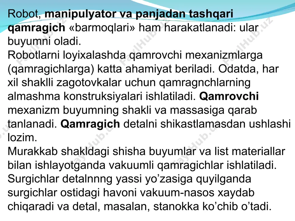 lgan. modulning o’zatish nisbati katta bo’lgani holda uning gabarit o’lchamlari, ishqalanish koeffitsienti va lyuftlari mumkin qadar kichik bo’lishi lozim. shundagina uni qo’lning sharniri ichiga yoki sharnir yaqiniga joylashtirish mumkin bo’ladi. robotlarning yuritmalarida har xil tipdagi elektromagnitli muftalar va oqimli dvigatellar qo’llaniladi. oqimli dvigatellarni kelajakda raqamli boshqarish mashinasi bilan birga qo’llash ko’zda tutiladi. robotlarda ko’pincha porshenli (kuch gidrotsilindrlari) va kurakli gidravlik yuritmalar uchraydi. ularning quvvat birligiga tug’ri keladigan massasi kichik, inersionligi kam, katta tezlikda ishlaydi, harakat tezligini reduktorsiz pasaytira oladi. agar katta quvvat kerak bulmasa, robotning yuritma qurilmalari elektr yoki pnevmatik boshqaruvchi va to’zatnsh kirituvchi qurilmalari bor pnevmatik yuritma bilan ta’minlanadi. robotning asosiy o’zel va agregatlari maxsus ramaga yoki qat­tiq kojuxga o’rnatiladi. rama polga yoki osmaga qo’zg’almas qilib mahkamlab qo’yiladi, biroq u g’ildiraklar, roliklar yordamida polda, yo’naltiruvchi relslarda yoki platformalarda harakatlanishi mumkin. boshqarish pulti robotdan tashqariga (chiqarma) yoki robotning o’ziga o’rnatilpshi mumkin. chiqarma boshqarish pultlari qatiy programma bo’yicha ishlaydigan bir nechta …