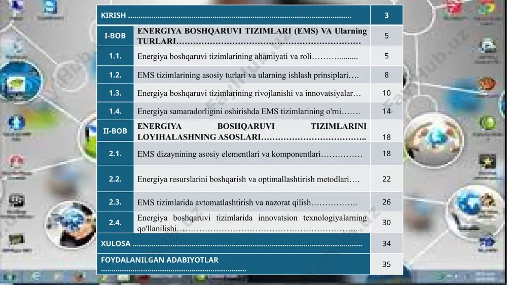 ni kamaytiradi. ular qayta tiklanadigan energiya manbalaridan foydalanishni rag‘batlantirish, uglerod izini kamaytirish va barqaror rivojlanish tamoyillariga rioya qilish imkonini beradi. ems tizimlarining asosiy turlari va ularning ishlash prinsiplari. energiya boshqaruvi tizimlari turli sohalarda energiyani samarali boshqarish va iste’molni optimallashtirish uchun ishlatiladi. ular energiya sarfini nazorat qilish, yo‘qotishlarni kamaytirish va barqaror ishlashni ta’minlashga yordam beradi. ushbu tizimlar o‘z vazifalari va qo‘llanilish sohalariga qarab bir nechta asosiy yo‘nalishga bo‘linadi. sanoat sohasida ishlatiladigan energiya boshqaruvi tizimlari ishlab chiqarish jarayonlarida energiya samaradorligini oshirish va yo‘qotishlarni minimallashtirishga qaratilgan. energiya saqlash sxemasi. ular real vaqt rejimida energiya sarfini kuzatib boradi, ortiqcha sarflarni aniqlaydi va avtomatlashtirilgan boshqaruv orqali samaradorlikni oshiradi. sensorlar va aqlli hisoblagichlar yordamida elektr, issiqlik va suv iste’moli nazorat qilinadi va kerakli sozlashlar amalga oshiriladi. tijorat va maishiy foydalanish uchun mo‘ljallangan energiya boshqaruvi tizimlari yirik ofis binolari, savdo markazlari va turar-joy komplekslarida qo‘llaniladi. ular yoritish, isitish, sovutish va shamollatish tizimlarini boshqarish orqali energiya sarfini kamaytirishga …