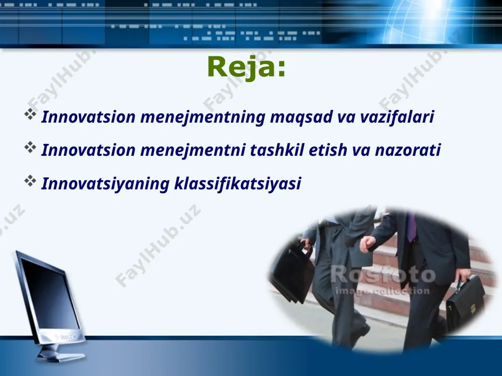 kiradi. innovatsiya deyildimi maqsadga erishish aniq bo‘lishi kerak. buning uchun maqsadga erishish strategiyasini shakllantirish va qabul qilingan rivojlanish strategiyasini realizatsiya qilish bo‘yicha rejaviy tadbirlar dasturi tayyorlanadi. shuning uchun innovatsion faoliyat amalga oshirilayotganda jamoaga ham aniq vazifalarni bo‘lib berilishi kerak. innovatsiyalarning maqsadlari xilma-xiligi bir-biri bilan bog‘liq va bir biriga qarama - qarshi bo‘lmasligi kerak. ularning asosiylariga quyidagilar kiradi. qismlash ya’ni qanday bizga iqtisodiy nazariyadan ma’lum oddiy ishlab chiqarish kengaytirilgan takror ishlab chiqarishga aylandi bunga asosiy sabab bo’lib oddiygina innovatsiya ya’ni vositachining boshqa xududlar talabini o’rganish va o’z taklifi bilan maxsulot xaridorini ko’paytirishi va talabning ko’payganligi sababli o’sha maxsulotni ishlab chiqarishga bo’lgan extiyojni oshishi o‘z navbatida ishlab chiqaruvchi maxsulot ishlab chiqarish tezligini oshirish maqsadida mexnat taqsimotini vujudga keltiradi demak maxsulotni qismlarga bo‘lib ishlab chiqarish samara berganidek amalga oshirilayotgan maqsadni g‘oyani xam qismlarga bo‘lgan xolda amalga oshirish talab qilinadi ya’ni har qanday daraxt bir vaqtning o’zida ko‘karmaganidek g’oya xam birdaniga amalga oshmaydi va …