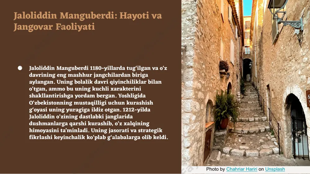 u jihatlar jaloliddin manguberdi haqida bilishimiz kerak bo'lgan muhim faktlardir. photo by chahriar hariri on unsplash vatan himoyasida jaloliddinning ta'siri jaloliddin manguberdi, o'zbekiston tarixida muhim shaxs bo'lib, u xii asrda o'z vatanini himoya qilishda muhim rol o'ynagan. uning janglarda ko'rsatgan jasorati va jamoatchilik oldidagi mas'uliyati xalq tomonidan yuqori baholangan. - jaloliddin manguberdi o'z jangovar strategiyalari bilan ajralib turar edi. - u janglarda o'z qo'shinlarini samarali boshqarish qobiliyatiga ega edi. - murodlar va dushmanlarga nisbatan o'zining aql-zakovati bilan jang olib borar edi. - jaloliddin o'z xalqini birlashtirishda yetakchi rol o'ynadi. vatan himoyasidagi ahamiyat vatan himoyasi har bir xalqning asosiy qadriyatlaridan biridir. jaloliddin manguberdi o'z zamonida vatan himoyasi uchun kurashgan va bu jarayonda xalqni birlashtirgan. - jaloliddin manguberdi 13-asrda o'rta osiyoda yashagan. - u mo'g'ullarga qarshi kurashda muhim rol o'ynagan. - vatan himoyasi uchun janglarda ko'plab yutuqlarga erishgan. - jaloliddin xalqni birlashtirgan va mustaqillik uchun kurashni rag'batlantirgan. photo by europeana on unsplash …