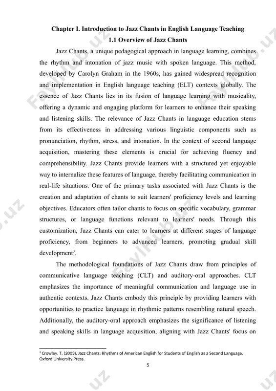 ciple by providing learners with opportunities to practice language in rhythmic patterns resembling natural speech. additionally, the auditory-oral approach emphasizes the significance of listening and speaking skills in language acquisition, aligning with jazz chants' focus on oral proficiency through musical repetition. central to the methodology of jazz chants is the integration of rhythm and melody with language structures. by incorporating jazz rhythms, including syncopation and improvisation, into language practice, learners develop a heightened sensitivity to the musicality of language. this rhythmic awareness enhances their pronunciation, stress placement, and overall fluency. furthermore, the repetitive nature of jazz chants fosters automaticity in language production, enabling learners to internalize language patterns effortlessly. the implementation of jazz chants in the classroom involves a range of instructional techniques aimed at engaging learners and maximizing learning outcomes. these techniques include call-and-response activities, echo drills, and group performances. through call-and-response interactions, learners actively participate in rhythmic exchanges, …
