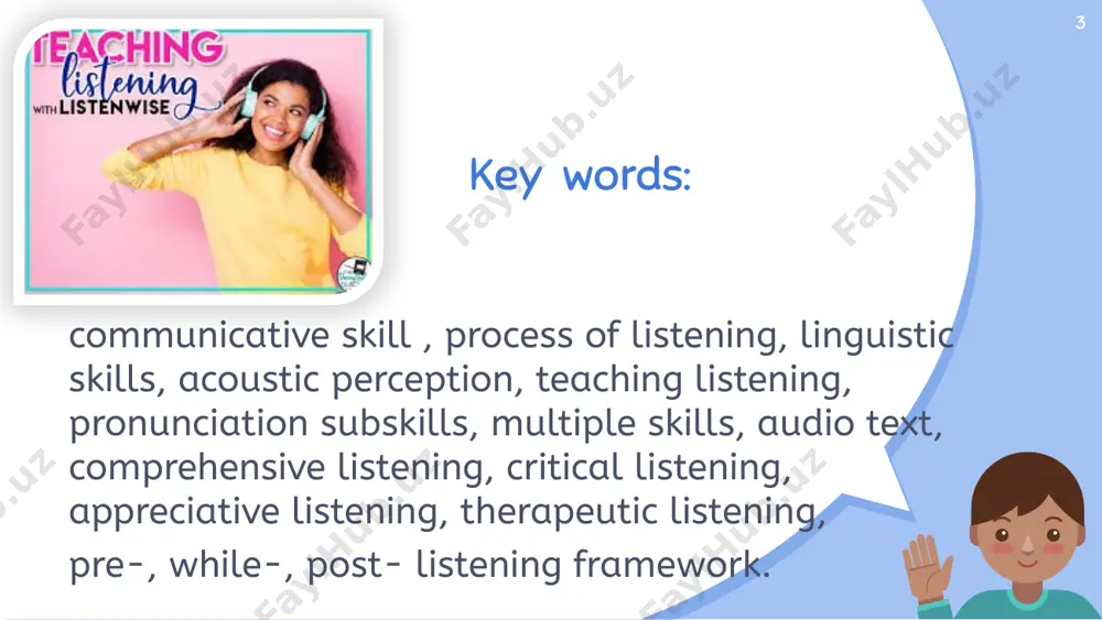 rganized into meaningful units. at this stage the listener does not have much time to sort out the information. 18 stages of the listening process the second stage is the processing of information by the “short term memory”. this is also a brief stage lasting some seconds and the purpose of it is to blend the meaningful units together into single unit of text comprehension. the third stage is the transfer of information to the “long-term memory” to be used either after listening as the “listener`s response” or later at an appropriate moment. 19 3. ways and stages of developing listening skills 20 overall listening comprehension a2 level learners can understand enough to be able to meet needs of a concrete type provided speech is clearly and slowly articulated. can understand phrases and expressions related to areas of most immediate priority (e.g. very basic personal and family information, shopping, local …