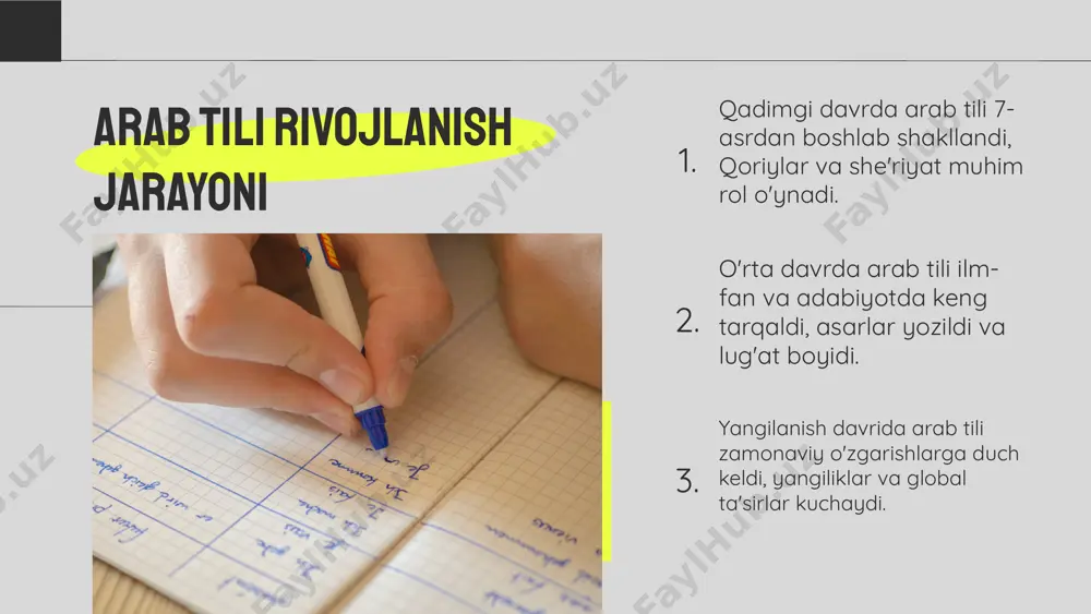 tning samarasini yaxshilaydi. masalan, agar tadqiqot maqsadi til o'zgarishlarini o'rganish bo'lsa, metodologiya sifatida kvantitativ yondashuvdan foydalanish maqsadga muvofiqdir. arab tili va madaniyat o'rtasidagi bog'liqlik 1. arab tilida madaniyatni ifodalovchi maxsus so'zlar va iboralar: - "salah" (salom) - odamlar o'rtasidagi do'stlik va munosabatlarni ifodalaydi. - "hona" (uy) - oilaviy qadriyatlarni va mehmondo'stlikni ifodalaydi. - "sukran" (rahmat) - minnatdorchilik madaniyatini ko'rsatadi. - "ahlan wa sahlan" (xush kelibsiz) - mehmondo'stlikni ifodalaydi. arab tilining madaniy jihatlari arab tili tarixan qadimiy tildan kelib chiqqan va turli davrlarda rivojlangan. uning ko'plab dialektlari mavjud bo'lib, ular har bir arab davlatida o'ziga xos madaniyatni ifodalaydi. arab tilining rivojlanishi, yozma adabiyot va ilm-fan sohalarida muhim o'rin tutadi. arab tilining tarixi va rivojlanishi arab madaniyati, san'at, musiqa va adabiyot orqali butun dunyo bo'ylab tarqalgan. masalan, arab raqsi va musiqa janrlari boshqa madaniyatlar bilan birga rivojlanib, ko'plab xalqaro san'atkorlar tomonidan ijro etiladi. arab adabiyoti esa, ko'plab xalqaro mualliflar va nazariyotchilar uchun …