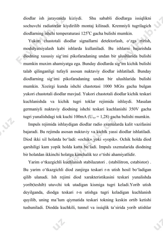 ksincha. issiklik ta’sirida yorib utishda р-n utish soxasi kizib, unda asosiy bo‘lmagan tok tashuvchilarning ko‘p ayishi va natijada teskari yunalishdagi tokning ortib ketishi kuzatiladi. kuchkisimon va tunnel orqali yorib utishlar diodni ishdan chikarmaydi. shu sababli bu utishda elektron kurilmalarda kullaniladi. issiklik ta’sirida yorib utish esa, р-n utishni buzadi. stabilitronlar kuchkisimon yorib utish xodisasiga asoslanib ishlaydi. uning ishlash printsipi quyidagicha: stabilitronga quyilgan teskari yunalishdagi kuchlanish orttirib borilsa, dioddan utadigan teskari tok miqdori juda kichik bulganligidan, sxemaning chiqishidagi kuchlanish ham ortib boradi. kuchlanish miqdori kuchkisimon yorib utish miqdoriga yetganda, dioddan utayotgan tok keskin ortib ketadi. chikish kuchlanishi biroz kamayadi. kirish kuchlanishining bundan keyingi ortishi stabilitron orqali utuvchi tokni oshirishga sarflanadi va chikish kuchlanishi deyarli o‘zga rmaydi. bu oralikka tugri kelgan chikish kuchlanishi, stabilitronning stabilizatsiyalash kuchlanishi deb yuritiladi. asosiy parametrlariga stabilizatsiyalash kuchlanishi ucт, ctabilizatsiyalash toki iст, ctabilizatsiyalash tokiga tugri kelgan differentsial qarshiligi rст kiradi. tunnel diodlar asosan ko‘p aralashmali diodlardan yasaladi. uning ishlash …