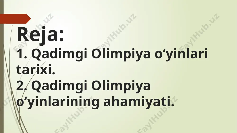 iyaliklar va gotlarning to‘qnashuvi yuz beradi va keskin janglar natijasida olimpiya vayronaga aylandi. 426-yilda (31-yildan so‘ng “feodosiy - ii” xudolarga sig‘inadigan ibodatxonalarni yoqib yuborishni buyuradi, 100-yildan so‘ng esa ikki marta sodir bo‘lgan zilzila tufayli olimpiya vayron bo‘ladi. so‘ng alfey va kladey daryolari suvi toshib, qolgan inshootlarni ham yuvib ketadi. e’tiboringiz uchun rahmat ! image1.jpeg image2.png image3.png image4.png image5.png image6.png image7.png image8.png image9.png image10.png image11.png image12.png image13.png /docprops/thumbnail.jpeg