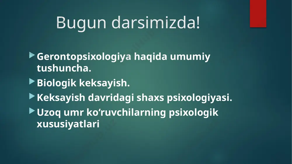 iy sitseron ("katta katon yoki keksayish haqida" asarida), i.i.mechnikov ("optimizm etyudlari" kitobida), o‘rta osiyo allomalari donolik, donishmandlik haqidagi durdonalarida falsafiy fikr va muyaohazalarni bildirganlar. amerikalik psixolog s.xoll (1846— 1924) "keksayish" monografiyasida amaliy va metodologak ahamiyatga molik qator g‘oyalarni ilgari surgan. psixogerontologiya fanida gerontologiya, involyusiya, geriatriya, gerogigiena, geteroxronlik kabi ilmiy tushunchalar mavjud. gerontologiya — grekcha so‘z bo‘lib, keksayishning, keksalikning kelib chiqishi demakdir. geriatriya so‘zi keksaygan inson shaxsini davolashni bildiradi. involyusiya tushunchasi evolyusiyaning teskarisi bo‘lib, o‘sishdan orqaga qaytishni ifodalaydi. gerogigiena — keksaygan odamning salomatligini saqlash va mustahkamlash sohasidir. gerogigiena keksa odamlarda asab, ruhiy kasalliklarning oldini olish uchun xizmat qiladi. geteroxronlik bir xil yoshdagi odamlarda ruhiy jarayonlarning turlicha (har xil vaqg va muddatda) namoyon bo‘lishidir. d.bromley insonning qarish sikli uchta bosqichdan iborat bo‘lishini ta’kidlaydi: 1) "ishdan, xizmatdan uzoqlashish" (iste’fo) — 66-70 yoshi 2) keksalik (70 va undan katta yosh), sh), 3) munkillagan keksalik (hasta keksalik va o‘lim) — maksimum 110 yosh. olimlarning fikricha …