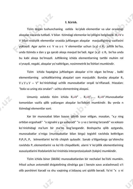 mumkin. misol uchun avtomobil dvigatelining slindriga gaz ( benzin xavo aralashmasi) o’t olib porshinni itaradi va shu vaqtning o’zidayoq uni qizitib beradi. ya’ni “x y ni so’radi” munosabati va “x y ni qizdiradi” munosabatlari mavzuddir. tiozimda tadqiqot qilinayotgan maqsadlarga ko’ra munosabatlarning birlarijiddiy (muhim), ikkinchilari esa _ ikki darajari sifatida ko’rib chiqilishlari aniqdir. ko’plilik faqat ikkiliklargagina tegishli bo’lib qolmay, balki uchlik va boshqa munosabatlarga xam tegishlidir. umumiy xolatda tizizmnis = {v, {pi, j}} yig’indisi ko’rinishi (sifati)da ta’riflash mumkindir, bu yerda i indeks munosabatlarining ariligini (symbol, belgi, ishoralarning o’rinliligi) (yoki predikatlarning o’rnlarininh sonini) belgilab beradi, jindeksi esa birr xil arilikka ega munosabatlarni farqlanishiga imkon beradi. p1 predikatlaridan ayrimlari tizim elementining joylashgan o’rnini xarakterlab berishi mumkindir. masalan uning geografik koordinatlari, fazoviy koordinatlari (aloqa sputniklari), belgilangan xonada joy olish (o’rin egallash) va xokazo. bitta (bir xil) vaziyatga (xolat)ga ega bo’lgan elementlarning ost ko’pliligi (qandaydir ochiqlik, taqribiylik chegarlarida)ni biz saytlar deb nomlaymiz. analogik xolatda p2 …