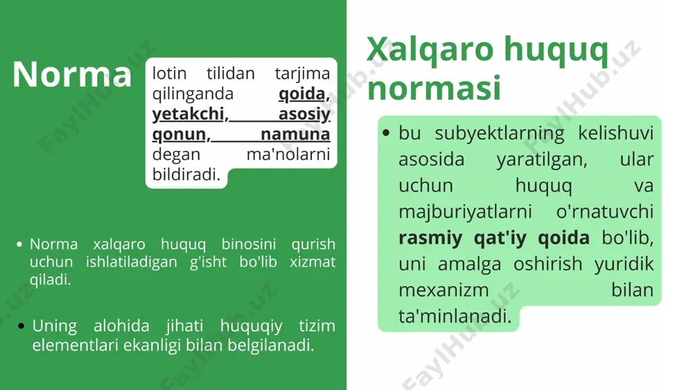 ormasi o'zgartirishi mumkin. imperativ norma faoliyat doirasi bo'yicha: (lokal) mahalliy - bir mintaqadagi xalqaro huquq sub‘yektlari o'rtasidagi munosabatlarni tartibga soluvchi yoki xalqaro huquqning cheklangan miqdordagi sub‘yektlariga tegishli normalar. universal — xalqaro huquq sub‘yektlarining aksariyati o'rtasidagi munosabatlarni tartibga soluvchi normalar. bularga quyidagilar kiradi: xodimlar jadvali. ... shaxsiy ma'lumotlar bilan ishlash tartibini belgilaydigan hujjatlar. ... dam olish jadvali. ... ish haqi tizimini, shu jumladan indeksatsiyani belgilaydigan hujjatlar. ... ichki qoidalar. ... mehnatni muhofaza qilish, yong'in va elektr xavfsizligi bo'yicha ko'rsatmalar. ... ish ta'riflari. (lokal) mahalliy normalarga misol xalqaro huquqda universal normalar katta o'rin egallaydi. ular "umume'tirof etilgan" normalar deb ham ataladi. ular umumiy xhni tashkil qiladi. universal normalar faqat xalqaro hamjamiyat tomonidan yaratiladi, o'zgartiriladi va bekor qilinadi. ularning paydo bo‘lish shakli asosan xalqaro odatlardan kelib chiqiladi. bunday norma, masalan, quyidagicha: "har bir davlat xalqaro huquqning umume'tirof etilgan printsiplari va normalaridan kelib chiqadigan o'z majburiyatlarini vijdonan bajarishi shart" (xalqaro huquq printsiplari to'g'risidagi deklaratsiya, …