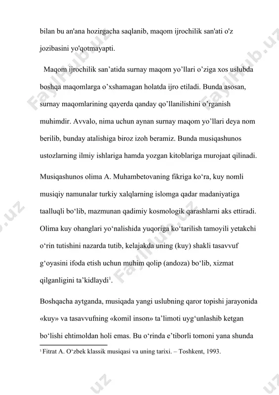xix asr boshlari da buxoroga kelganligi va shashmaqomni maxsus o‘rganib, so‘ngra bu san’atni xorazmda tarqatganligi aytiladi. ayni vaqtda maqomlar xorazm sharoitiga moslanib, mahalliy badiiy an’analar bilan bog‘liq jihatlarga ega bo‘lganligi ham ta’kidlanadi. biroq, bu kabi ma’lumotlar buxoro «shashmaqomi» xorazmga to‘g‘ridan to‘g‘ri ko‘chirilganligini anglatmaydi, balki xorazmda qadimdan mavjud maqomchilik an’analari namunalarini yaxlit bir tizmga tushirishda shashmaqom turkumi andoza sifatida olinganligiga ishora etadi. xorazm maqomlari tuzilishi jihatidan buxoro maqomiga aksariyat o‘xshash hamda o‘zgacha holatlarni namoyon etadi. xususan, bu maqomlarning cholg‘u-kuy yo‘llaridan tashkil topgan bo‘limi shashmaqomdagi kabi «mushkilot» deb emas, balki «chertim yo‘li» (yoki «mansur») kabi umumiy nomlar bilan yuritiladi. shuningdek, cholg‘u bo‘limi – chertim yo‘li tarkibida bizga olti maqomdan ma’lum bo‘lgan «tarje», «gardun», «muxammas» va «saqil» nomli kuylar bo‘lgani holda, biroq «tasnif» atamasi uchramaydi va uning o‘rnida har bir maqomning nomi (masalan, «maqomi rost», «maqomi buzruk» va h.k.) yoki «tani maqom» iborasi qo‘llaniladi. navo maqomida surnay yo’lining quidagi maqomlari qo’llaniladi: navo, savti …