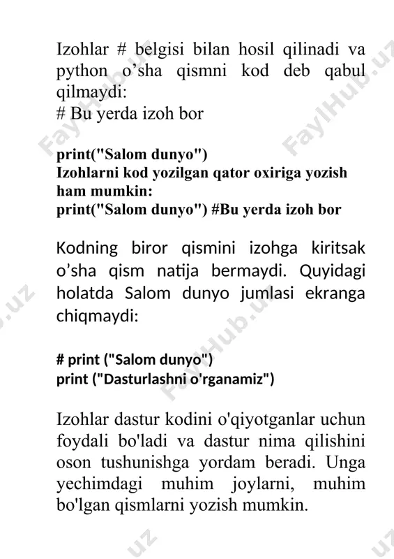 m. identifikator a dan zgacha yoki z yoki pastki chiziq (_), undan keyin nol yoki undan ko’p harflar, pastki chizilgan va sonlar (0 dan 9gacha) bilan boshlanadi. python identifikatorlar ichida @, $ va% kabi tinish belgilarini ishlatishga ruxsat bermaydi. python – katta-kichikligi sezgir dasturlash tilidir. shunday qilib, iroda va iroda pythonda ikki xil identifikatordir. quyida python uchun identifikator nomini beruvchi qoidalar mavjud: · class nomlari katta harf bilan boshlanadi va boshqa identifikatorlar kichik harf bilan boshlanadi. · belgilangan bitta pastki chiziq bilan identifikatorni ishga tushirish konventsiya tomonidan identifikatorning shaxsiy bo’lishi nazarda tutilganligini ko’rsatadi. · identifikatorni ikkita pastki ostki chiziq bilan boshlash kuchli identifikatorligi ko’rsatadi. · agar identifikator ikkita pastki ostki chiziq bilan tugasa, identifikator tilga xos maxsus nomdir. zahiralangan so’zlar: quyidagi ro’yxat pythonda ajratilgan so’zlarni ko’rsatadi. ushbu ajratilgan so’zlar doimiy yoki o’zgaruvchan yoki boshqa identifikator nomlari sifatida ishlatilmasligini ko’rsatadi. barcha python kalit so’zlarida faqat kichik harflar bilan boshlanadi. and exec …