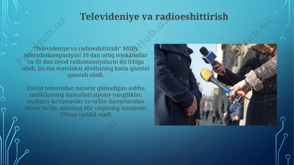 talarining tarixi 2000-yillardan boshlab, oʻzbekiston ommaviy axborot vositalarida internetning ta'siri kuchayib, onlayn platformalar va ijtimoiy tarmoqlar yangi axborot manbalari sifatida paydo boʻla boshladi. oʻzbekiston respublikasida 1920-yillardan boshlab ommaviy axborot vositalari, asosan, partiya nazorati ostida faoliyat yuritgan va ideologiya tarqatish vositasi boʻlib xizmat qilgan. matbuotning hozirgi holati davlat tomonidan nazorat qilinadigan ommaviy axborot vositalarining soni xususiy sektorga nisbatan ancha yuqori bo‘lib, matbuot erkinligi indeksida mamlakatning reytingiga ta’sir ko‘rsatmoqda. so‘nggi yillarda raqamli texnologiyalar rivojlanishi tufayli onlayn platformalar, ijtimoiy tarmoqlar va bloglarning ta’siri sezilarli darajada oshdi, bu esa an’anaviy matbuotning o‘rnini qisman egallamoqda. ommaviy axborot vositalari va madaniyat oʻzbekiston madaniyat vazirligi tomonidan 5 yillik davlat dasturi doirasida ommaviy axborot vositalarining madaniy salohiyatini oshirish boʻyicha 15 ta loyiha amalga oshirilmoqda. oʻzbekistondagi ommaviy axborot vositalarining 70% dan ortigʻi davlat nazorati ostida boʻlib, ularning madaniy siyosatni shakllantirishdagi roli katta. ommaviy axborot vositalarining iqtisodiy jihati davlat ommaviy axborot vositalarining byudjeti respublika byudjetidan ajratiladi va yillik mablagʻlar hajmi …