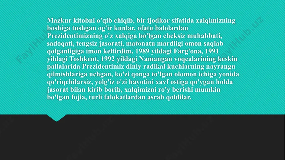 arga kelib yaxlit ta’limotga aylangani haqida ushbu kitobdagi chiqishlar orqali har tomonlama tasavvurga ega bo‘lish mumkin. faqatgina yurtboshimizning mustahkam irodasi, oqilona va vazmin siyosati tufayli gkchp tarafdori bo‘lgan siyosiy avantyuristlar o‘z qabih niyatiga yetolmagani ham kitobdagi chiqishlarda ifodasini topgan. afsuski, bugun vaqt o‘tishi bilan ana shu voqealarni ko‘rgan-bilgan, ularga bevosita guvoh bo‘lgan odamlarning soni tobora kamayib bormoqda. yaqin tariximizning mash’um bir davrida sodir bo‘lgan bu voqealarni bilmasdan, ularning mohiyatini chuqur anglamasdan turib el-yurtimizning istiqlolga erishish yo‘lidagi kurashlar tarixini barcha murakkabliklari bilan to‘liq tasavvur etib bo‘lmaydi. muxtasar aytganda, to‘plamga kiritilgan har bir chiqishni mutolaa qilish jarayonida biz yangi tariximizning o‘zimiz bilmagan, anglamagan yana ko‘plab qirralarini yangitdan kashf etamiz, istiqlol mohiyatini, “tarixiy burilish pallasida xalq dardi, millat qayg‘usi buyuk shaxslarni yaratishi”ni yanada chuqurroq anglaymiz. shu ma’noda, prezident islom karimovning “o‘zbekiston mustaqillikka erishish ostonasida” kitobi xalqimizning siyosiy tafakkur xazinasiga qo‘shilgan bebaho hissa bo‘lib, mamlakatimizning istiqlol tarixini o‘rganish va anglashda beqiyos tarixiy ahamiyat kasb …
