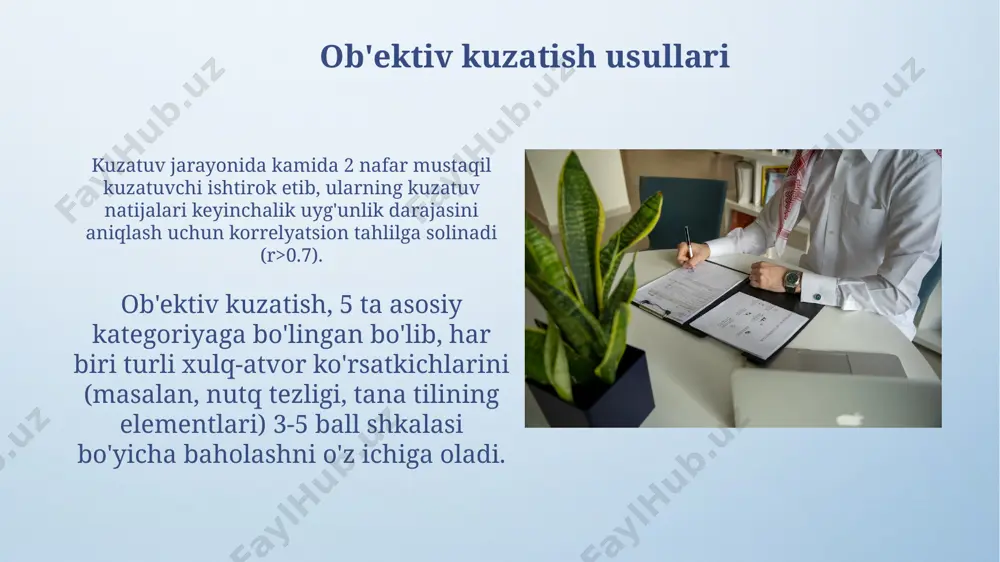 jarayonining bosqichlari diagnostika jarayonining yakuniy uchinchi bosqichi – olingan ma’lumotlarni tahlil qilish, klinik rasmni shakllantirish va psixologik tashxisni qo’yish, shuningdek bemorga tavsiyalar berishni o’z ichiga oladi, bu jarayon kamida 1 soat davom etadi. psixodiagnostik testlarni qo’llash (masalan, mmpi, rorschach testi) diagnostika jarayonining ikkinchi bosqichini tashkil etadi va kamida 2 ta turli testlardan foydalanish tavsiya etiladi, natijalarni tahlil qilish esa 1-2 soatni oladi. psixologik testlar proyektiv testlar, masalan, rorshax testi yoki tematik apersepsiya testi (tat), noaniq stimullarni talqin qilish orqali shaxsning bilinçaltı jarayonlarini aniqlashga yordam beradi. psixologik testlarning 30 dan ortiq turi mavjud boʻlib, ular shaxsning intellektual qobiliyatlarini, shaxsiyat xususiyatlarini va emotsional holatini oʻlchashga qaratilgan. psixodiagnostika usullari haqida umumiy ma'lumot psixodiagnostika jarayoni, bemorning yoshi, muammo turi va boshqa omillarni hisobga olgan holda, 3 dan 7 gacha sessiyadan iborat bo'lishi mumkin. psixodiagnostika, shaxsning psixologik xususiyatlarini aniqlash uchun 50 dan ortiq turli xil testlar va usullardan, shu jumladan, proektsion va ob'ektiv testlardan foydalanadi. …