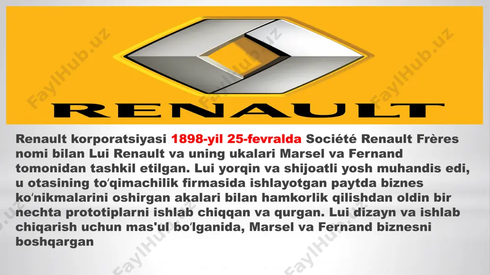 ayblanib hibsga olinib, qamoqxonada vafot etdi. uning oʻlimidan uch oy oʻtgach, fransiya hukumati kompaniyani milliylashtirdi. 1948-yil - citroen 2cv, fiat 600 va volkswagen 1200 ga raqobatchi boʻlgan renault 4cv orqa dvigatelli subkompakt sedani sotuvga chiqdi. 1965-yil - renault dunyodagi birinchi xetchbek renault 16 ni ishlab chiqarishni boshladi. 1979-yil - amerika avtomobil bozoriga kirish uchun renault american motors (amc) ning 22,5% ulushini sotib oldi. 1983-yil - aqshda litsenziyalangan renault alliance modeli (renault 9) ishlab chiqarila boshlandi. 1985-yil renault espace sotuvga chiqarildi, yevropadagi birinchi mikroavtobus. 1987-yil - renault amcdagi ulushini chryslerga sotdi. 1990-yil - renault clio 1991-yil va 2006-yilda yevropada yilning eng yaxshi avtomobili nomiga sazovor boʻldi. 1996-yil - kompaniya yana xususiylashtirildi va endi „renault sa“ deb nomlanadi. 1999-yil - renault ruminiyaning dacia kompaniyasining 99% aktsiyalarini sotib oldi, shuningdek, nissanning 36,8% ni uning 15% aktsiyalari evaziga sotib oldi. renault vitse-prezidenti karlos gon nissan kompaniyasiga oʻtdi, buning natijasida bankrotlik yoqasida turgan yapon kompaniyasi …
