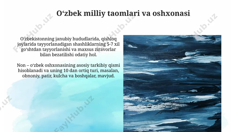 choq teatri samarqand, buxoro va xivada ham oʻz filiallariga ega boʻlib, yiliga 1000 dan ortiq tomoshabinni qamrab oladi. oʻzbek xalq qoʻgʻirchoq teatri 1930-yillarda toshkentda tashkil topgan boʻlib, dastlabki yillarda 30 dan ortiq qoʻgʻirchoq spektakllari namoyish etilgan. oʻzbekiston madaniyatining kelajagi buxoro va xivada anʼanaviy hunarmandchilikni rivojlantirish boʻyicha 3 yillik dastur qabul qilinib, 500 dan ortiq yosh hunarmandlarni qoʻllab-quvvatlash koʻzda tutilgan. oʻzbekistonning 5 ta yirik shaharlarida 2030-yilgacha zamonaviy sanʼat muzeylari tarmogʻini rivojlantirish, yillik 10 million soʻm mablagʻ ajratish rejalashtirilmoqda. oʻzbek meʼmorchiligi va arxitekturasi samarqanddagi registon maydonidagi uchta madrasaning – ulugʻbek, sherdor va tillya-kori madrasalarining meʼmoriy uslublari 15-asrda yaratilgan boʻlib, oʻziga xos geometrik naqshlar va koshin bezaklari bilan ajralib turadi. buxoro shahridagi poi kalyan majmuasi, 11-16 asrlar davomida qurilgan boʻlib, minoraning balandligi 47 metrni tashkil etadi va islom meʼmorchiligining yorqin namunasi hisoblanadi. miniatyura va amaliy sanʼat namunalari miniatyura sanʼatining samarqand maktabi 15-16-asrlarda gullab-yashnagan bo'lib, uning 200 dan ortiq noyob namunalari dunyoning turli muzeylarida …